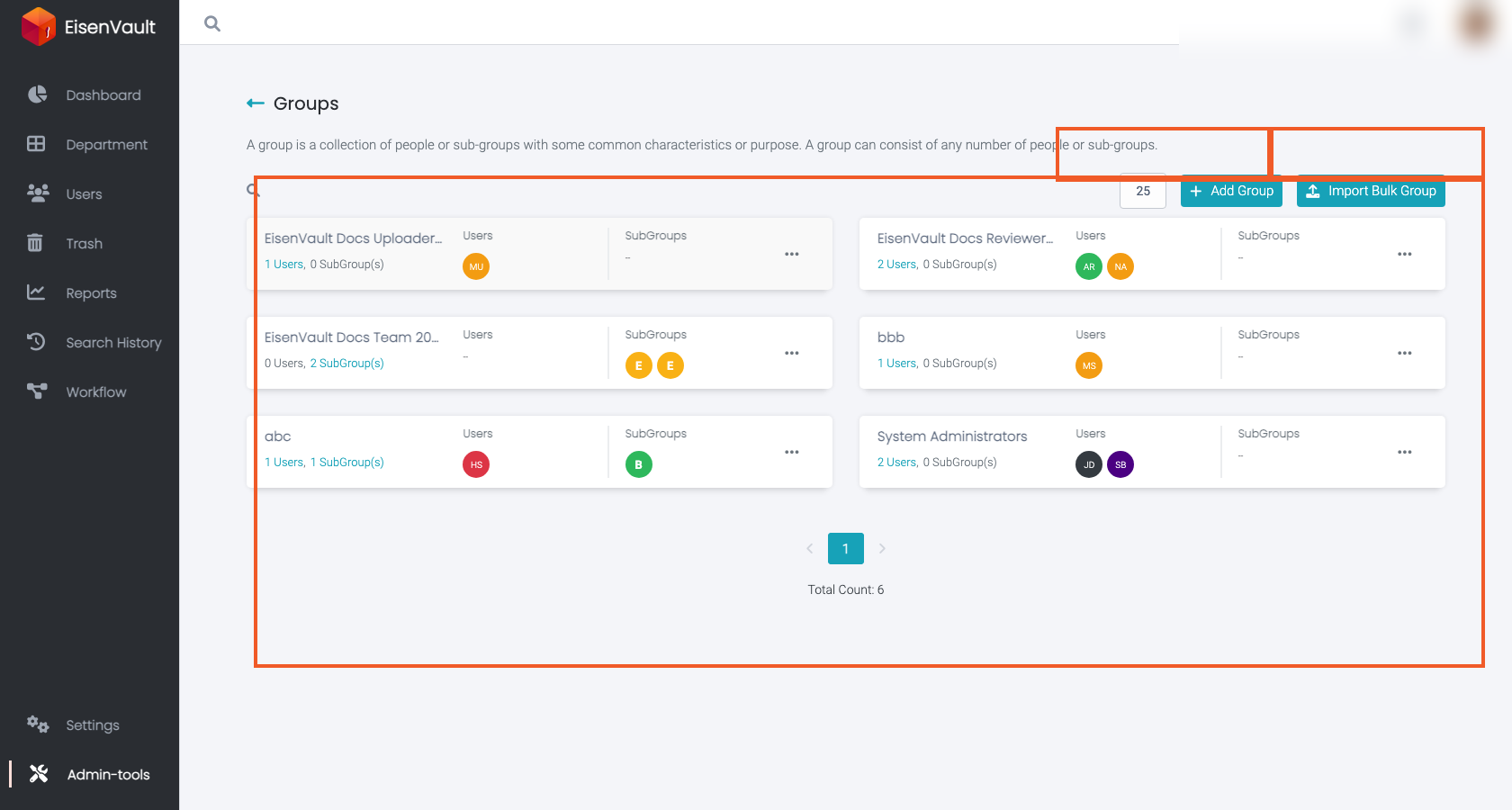 Groups page with Add Group highlighted and sample group membership counts visible