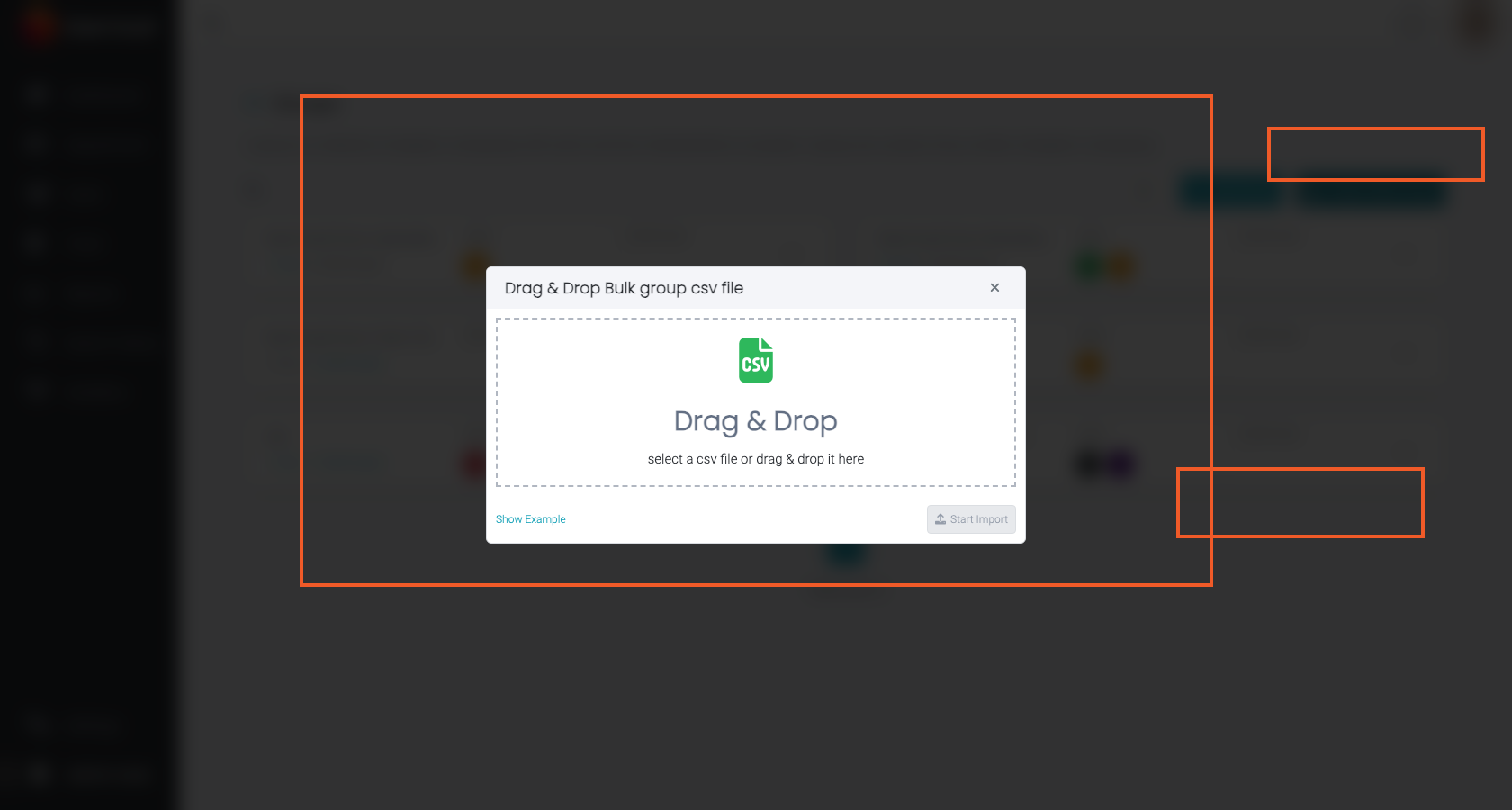Bulk group import dialog with upload area and Start Import highlighted
