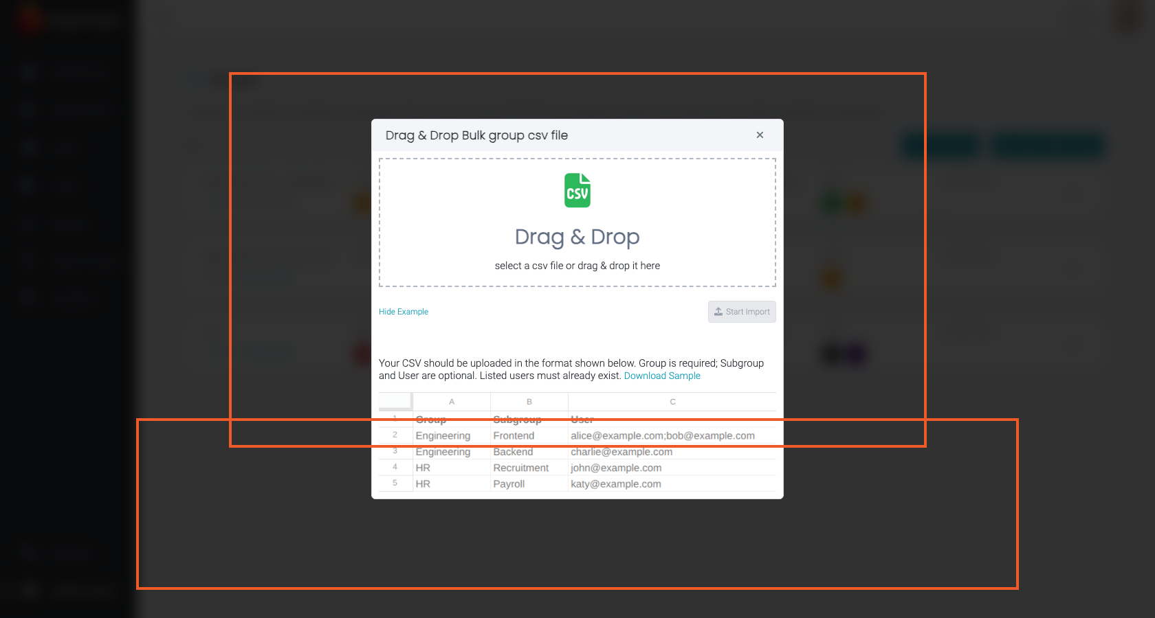 CSV example layout in the bulk group import dialog