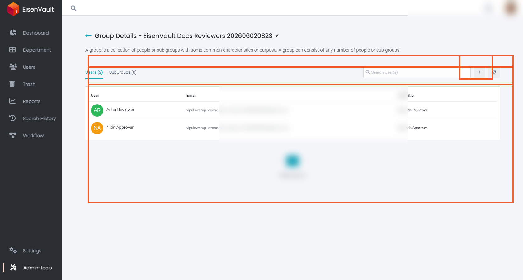 Group Users tab with add-user control and membership table highlighted