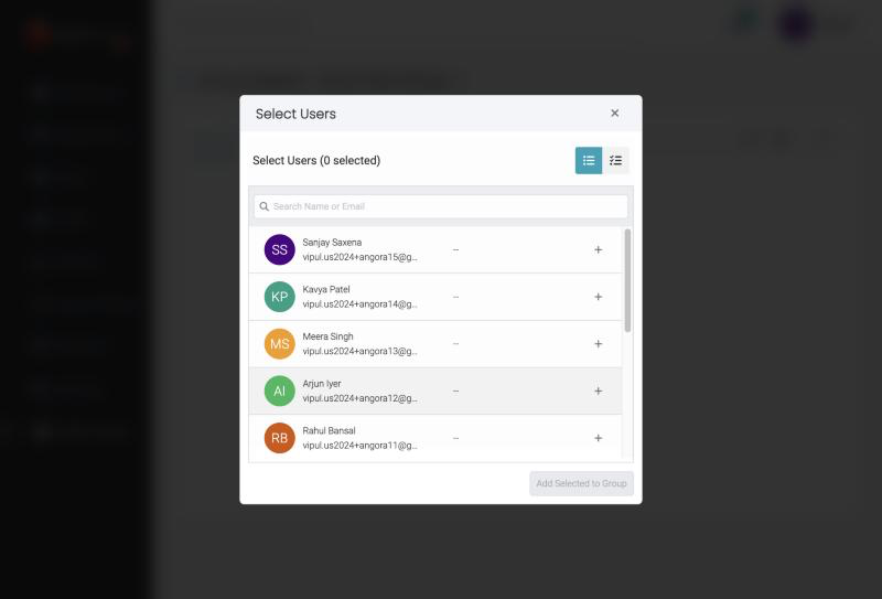 Select Users window with Add Selected to Group
