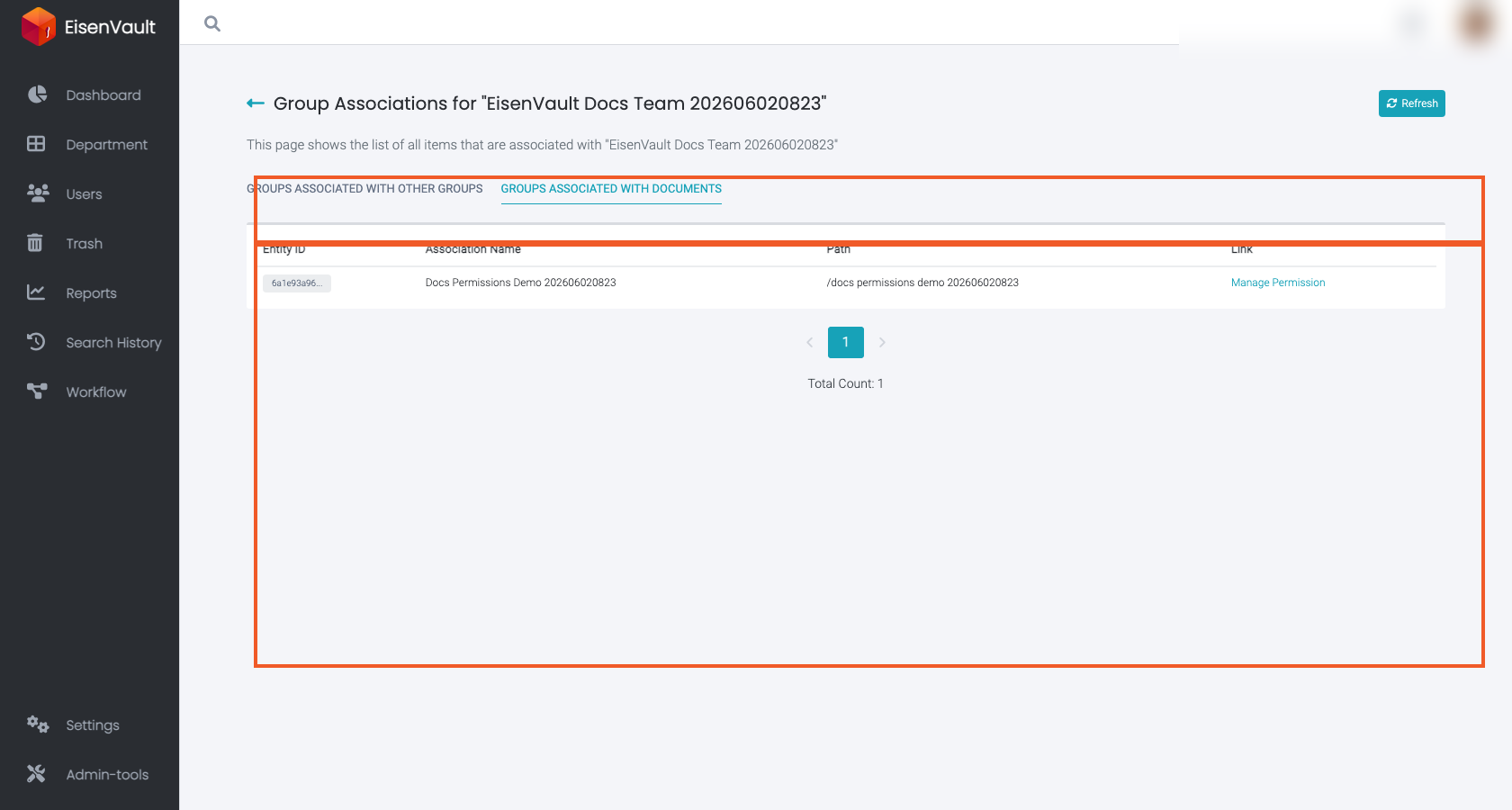 Group Associations page showing document assignments with Manage Permission links