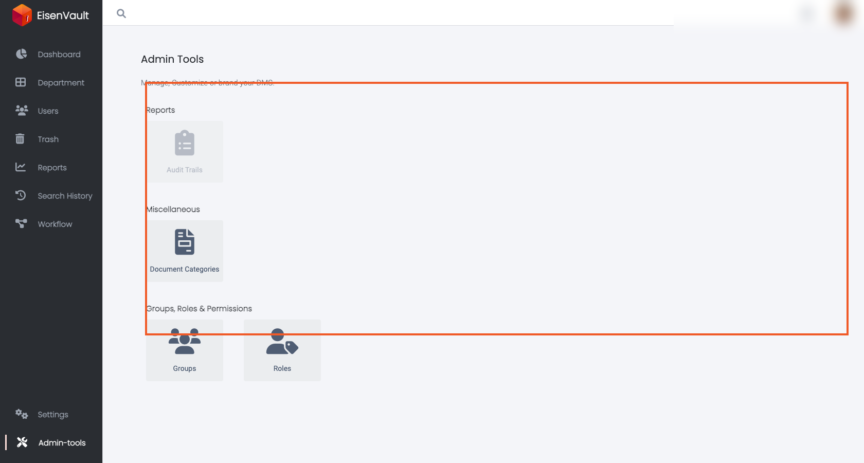 Admin Tools cards with Groups and Roles entry points highlighted