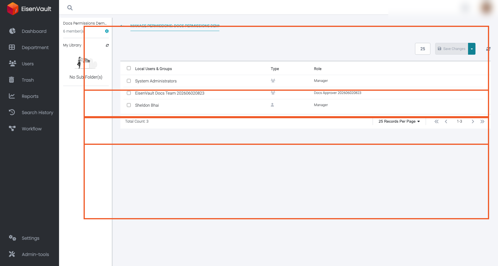 Manage Permissions screen showing two groups assigned different content roles on the same folder