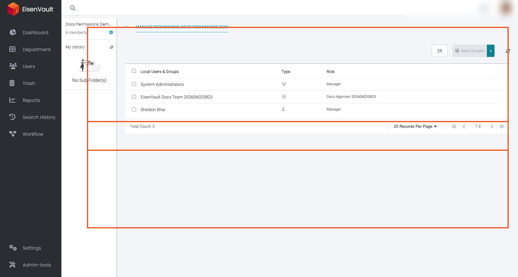 Manage Permissions screen showing sample local group and role assignments