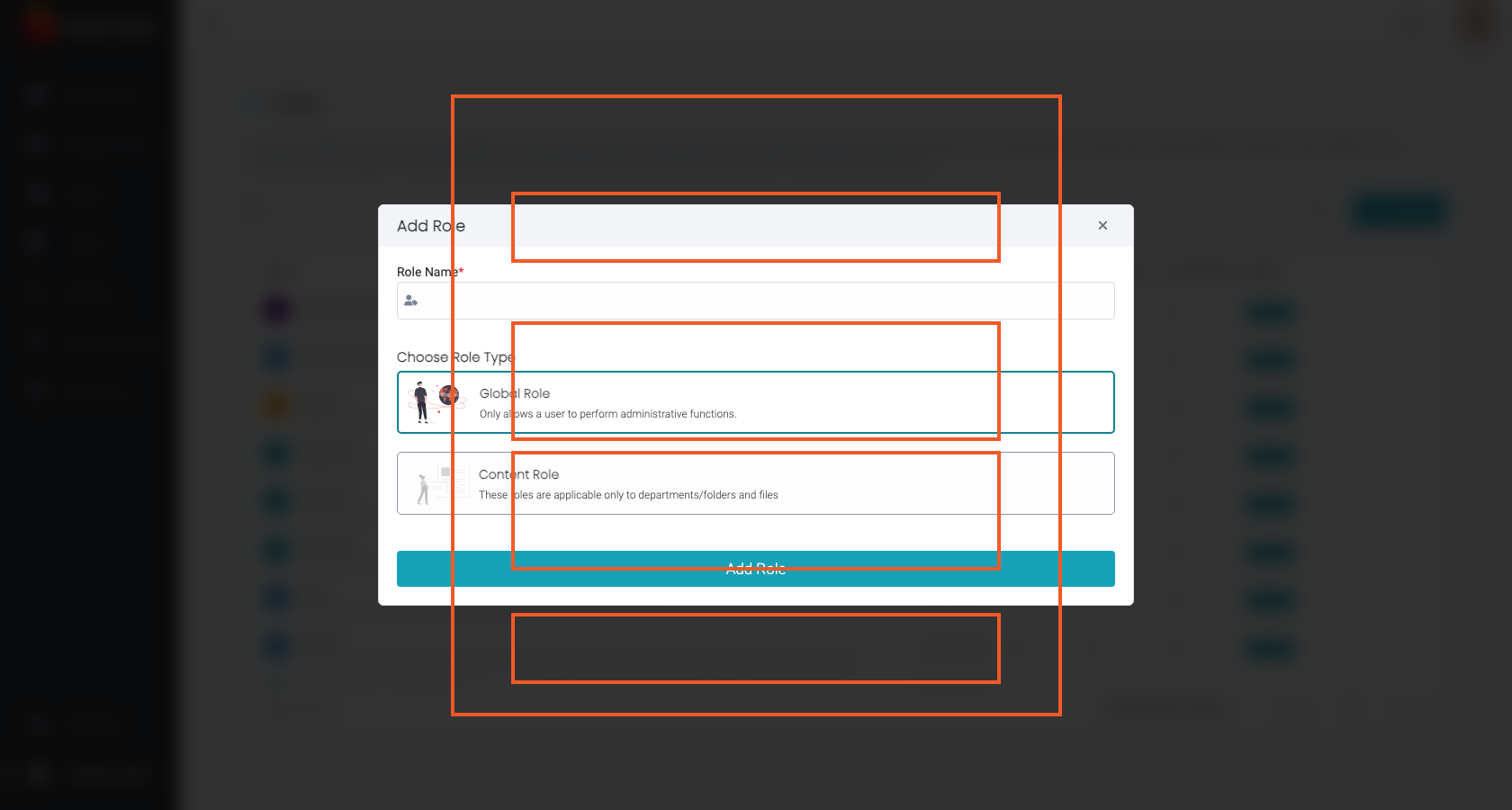 Add Role dialog showing role name and role type choices