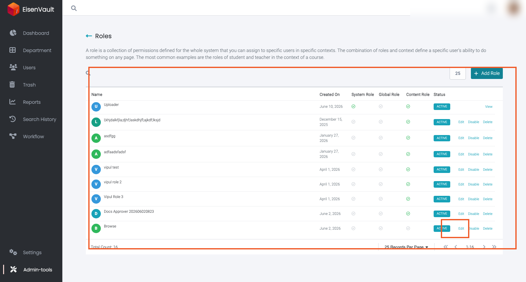 Roles list with a custom role row and edit action area highlighted