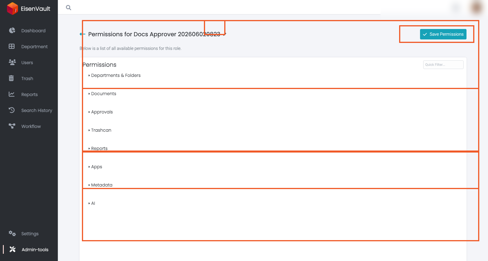 Role permissions editor showing grouped permission categories