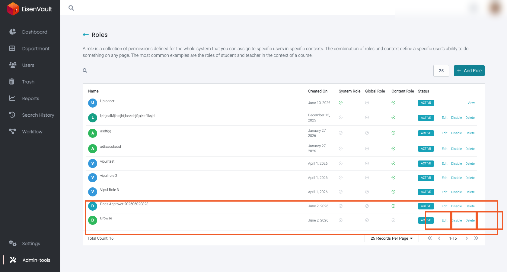 Roles list with Edit, Disable, and Delete row actions highlighted on a custom role