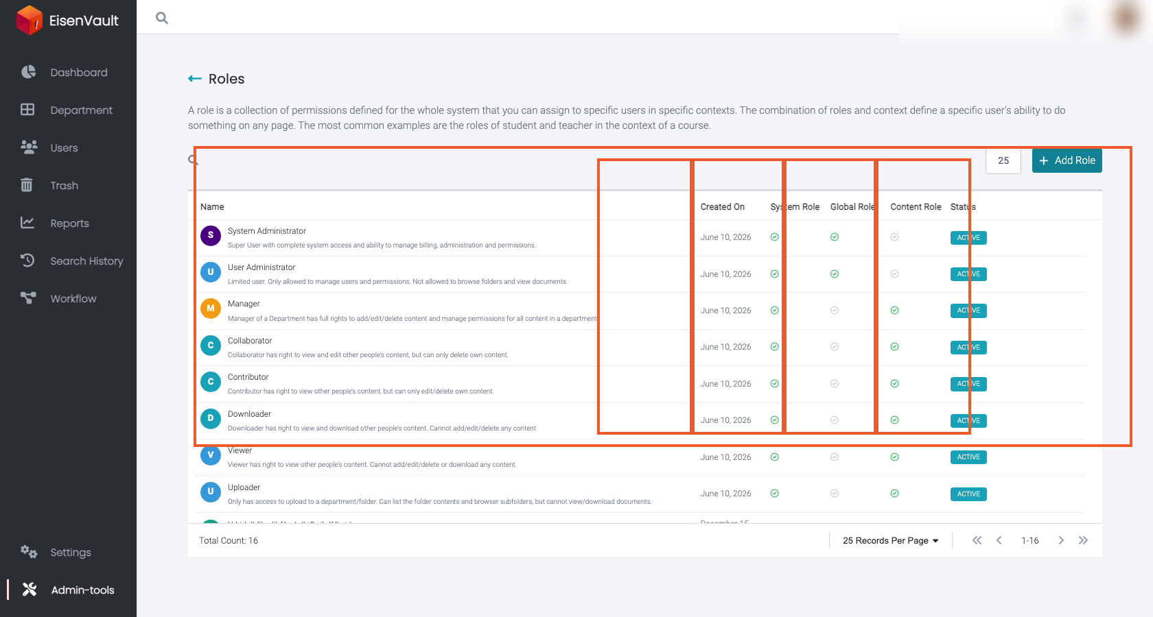 Roles list showing system default roles with role type and status columns highlighted