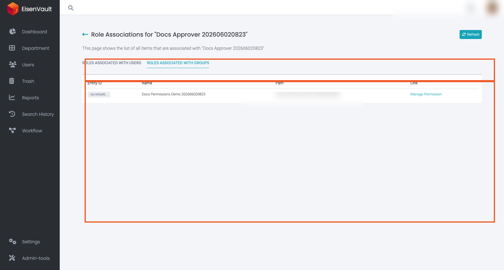 Role Associations page showing user and group tabs with linked assignments