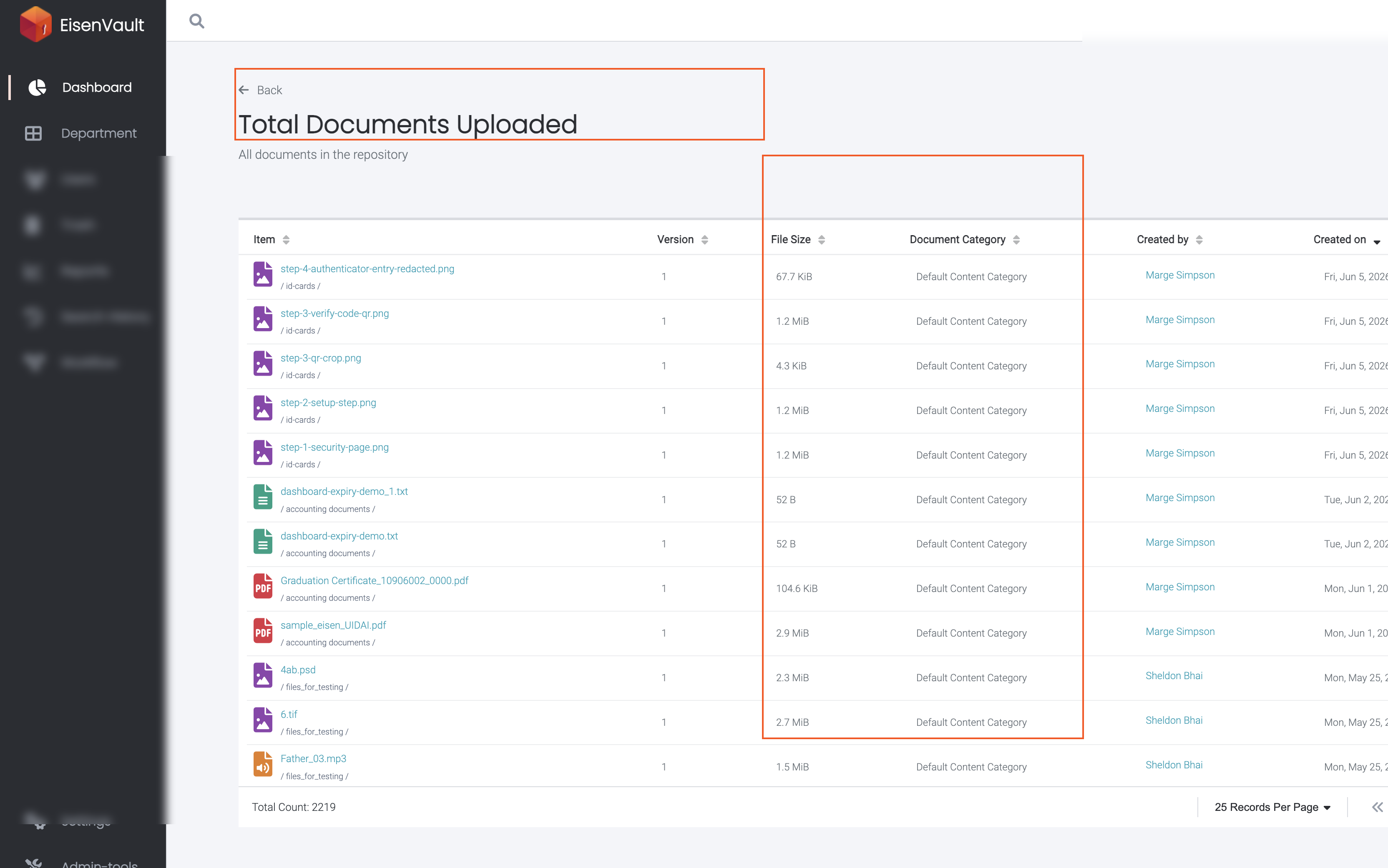 Total Documents Uploaded list