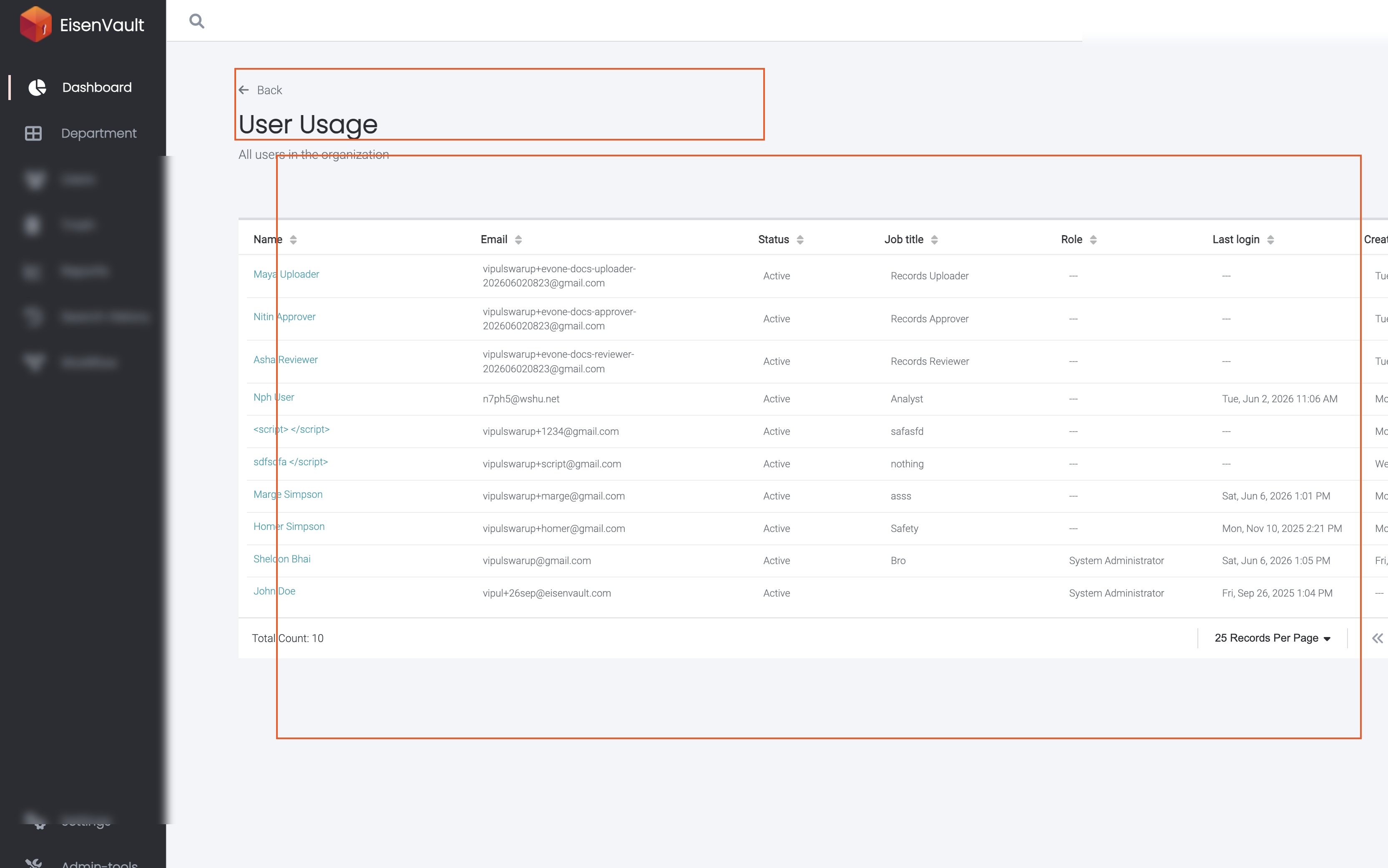 User Usage list