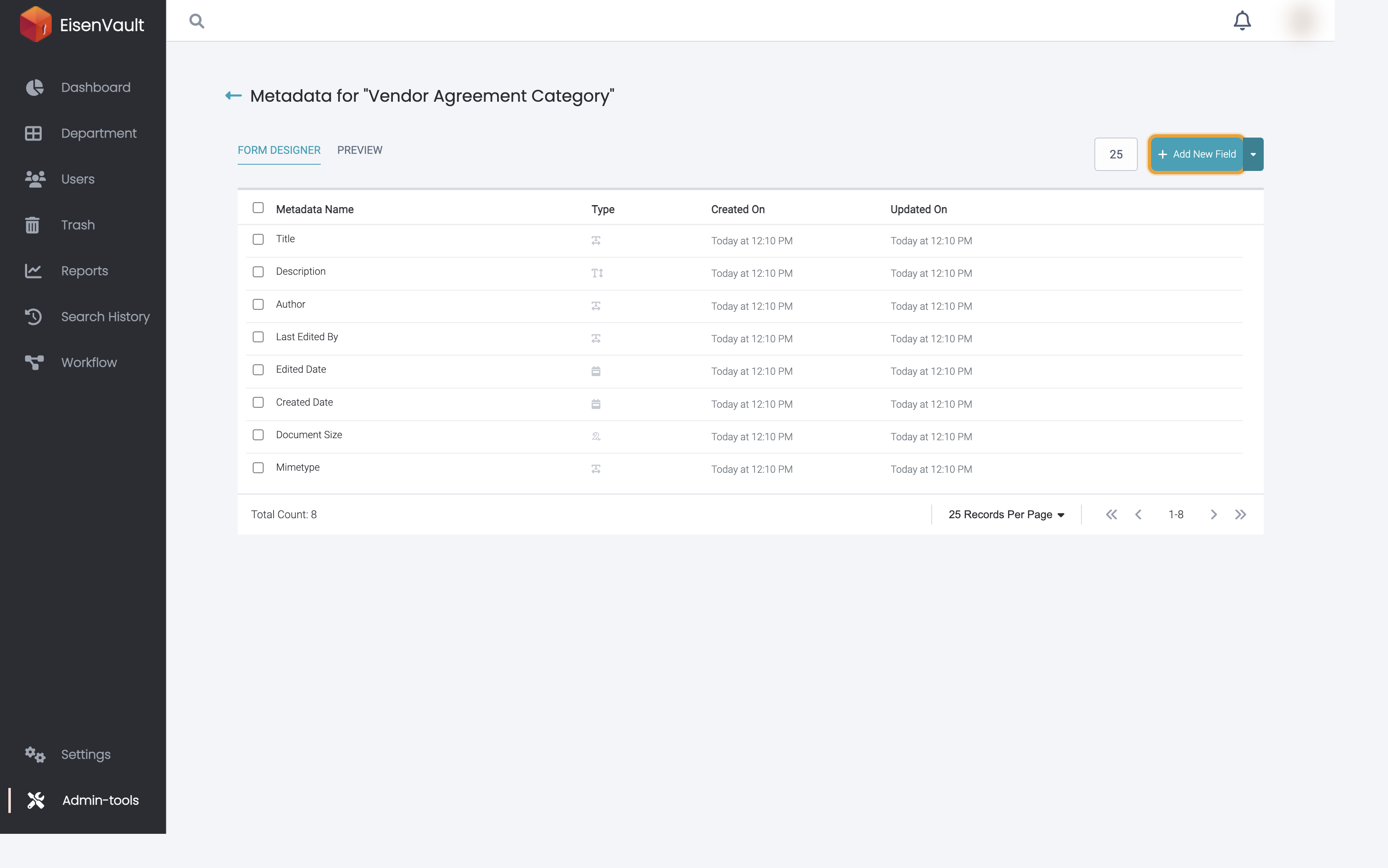 Metadata designer with Add New Field highlighted