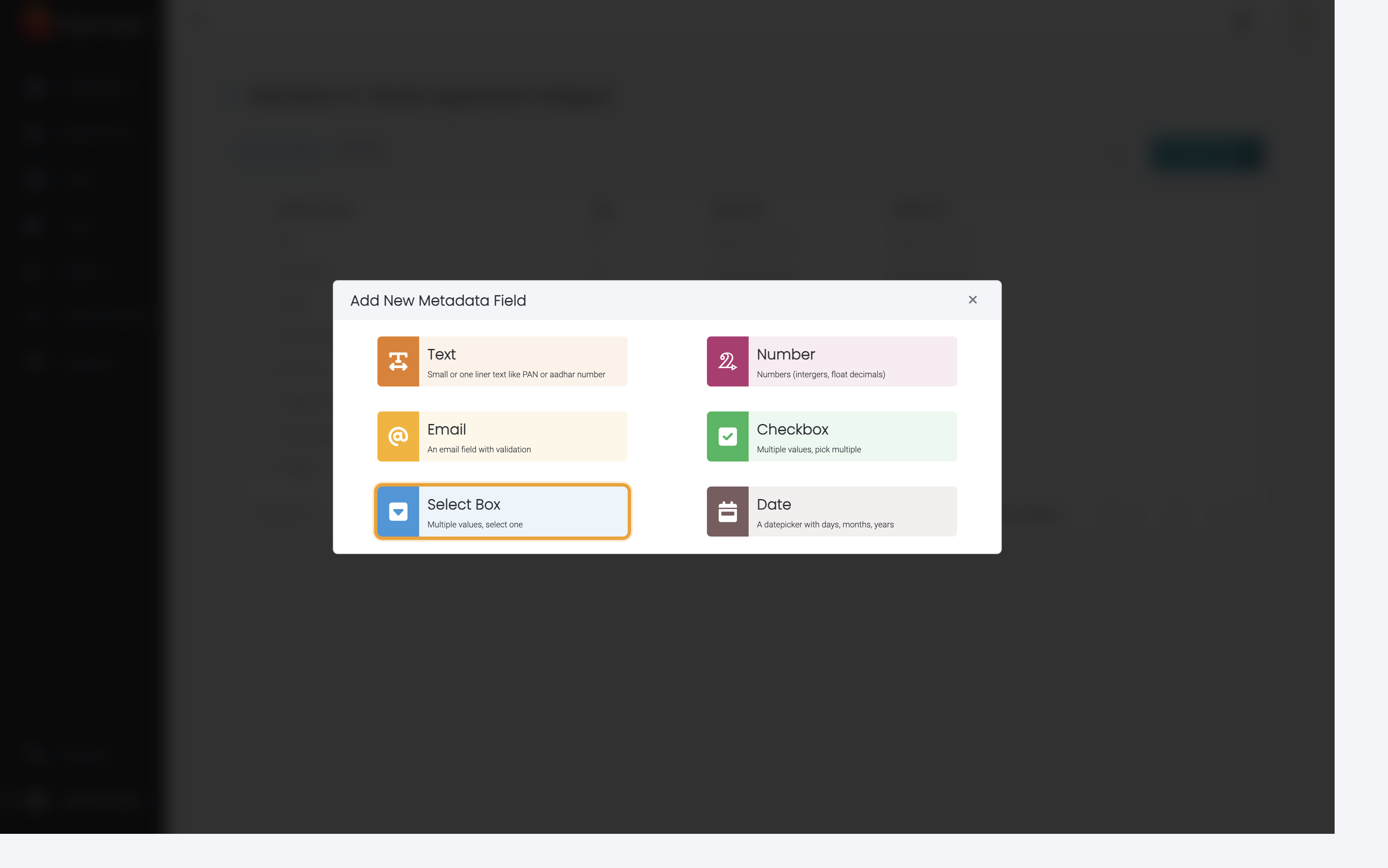 Add New Metadata Field chooser with Select Box highlighted