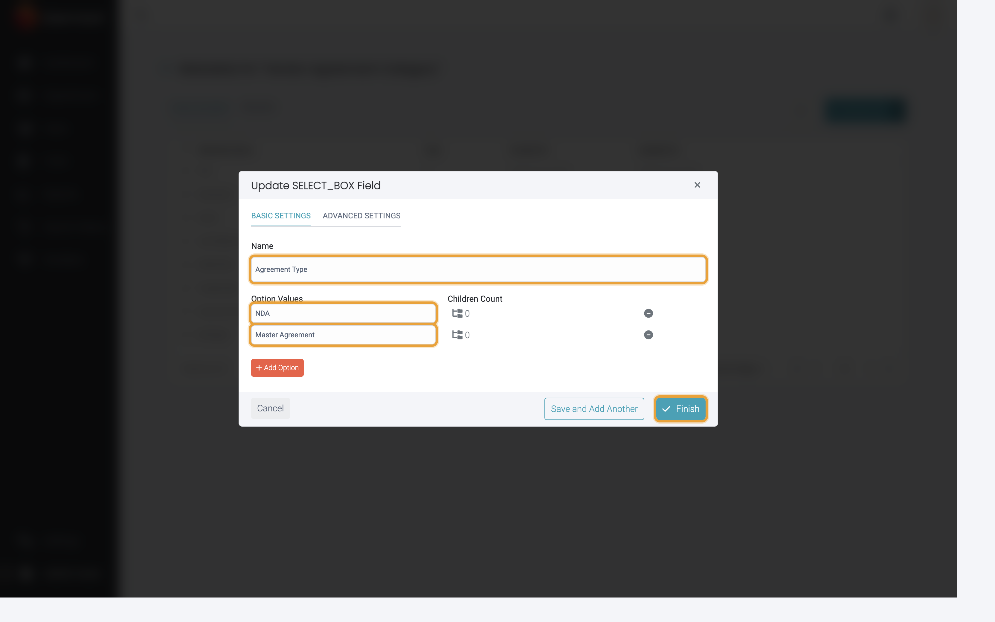 Select Box settings with option values and Finish highlighted