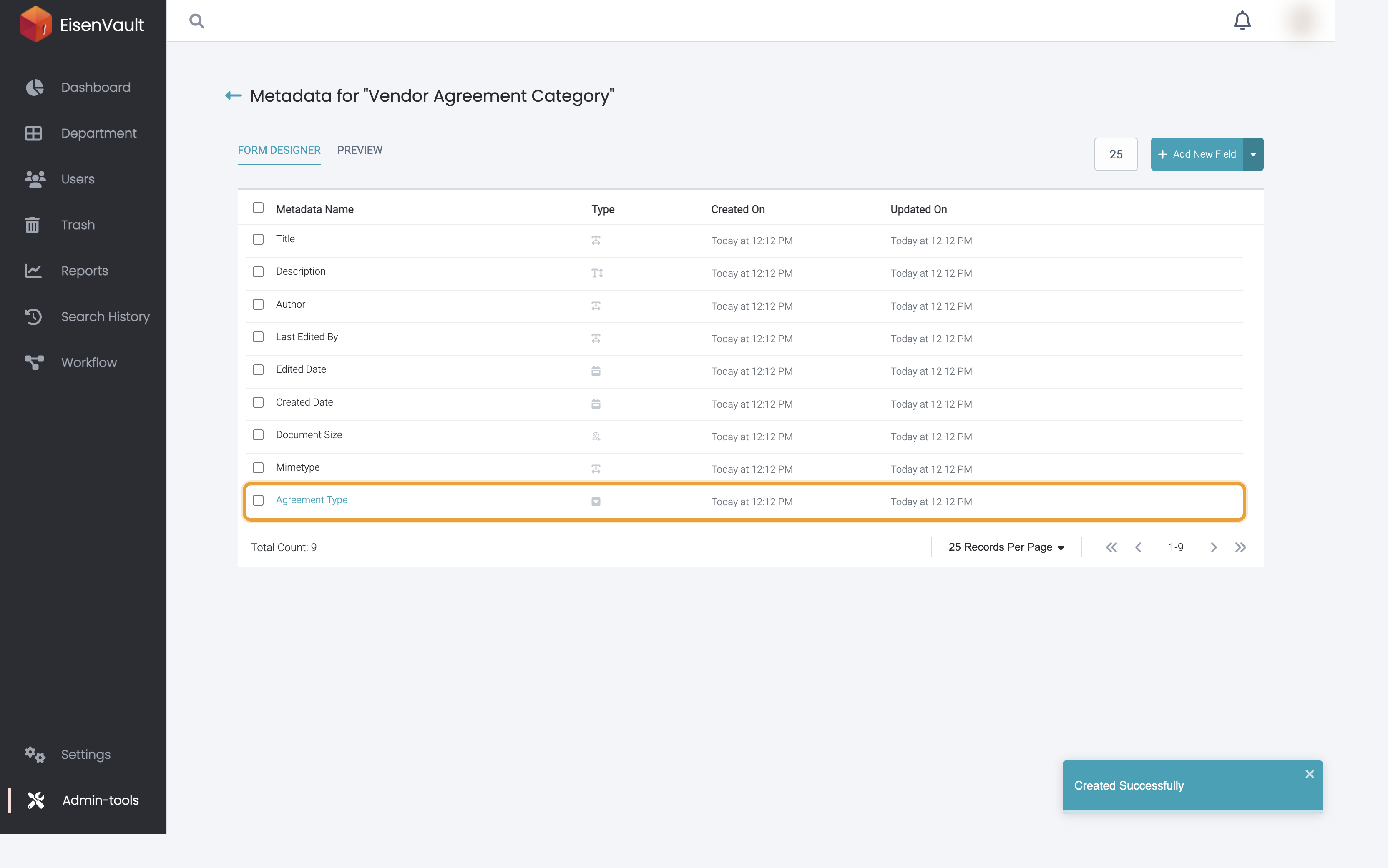 Metadata designer showing the new Agreement Type field