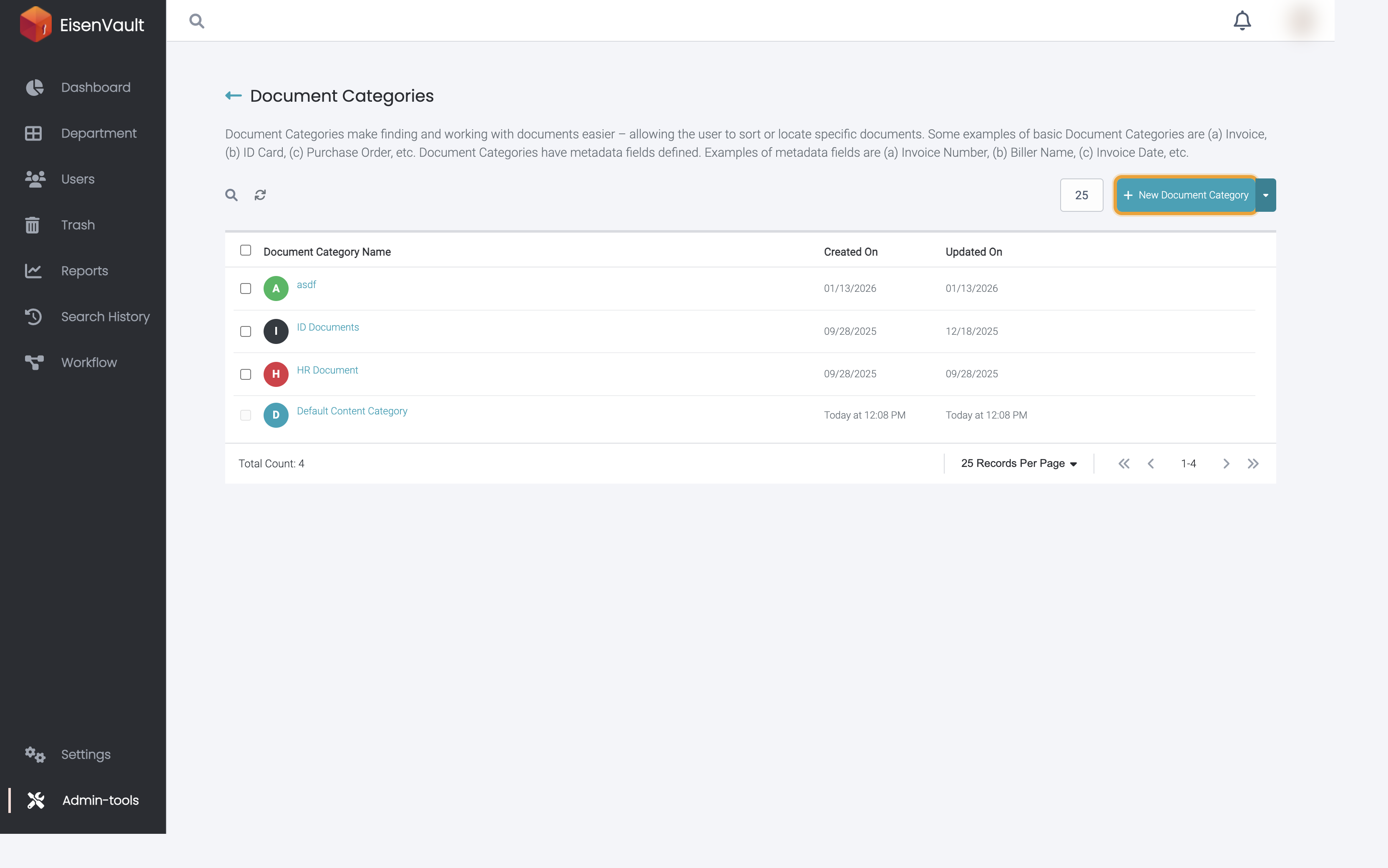 Document Categories page with New Document Category highlighted