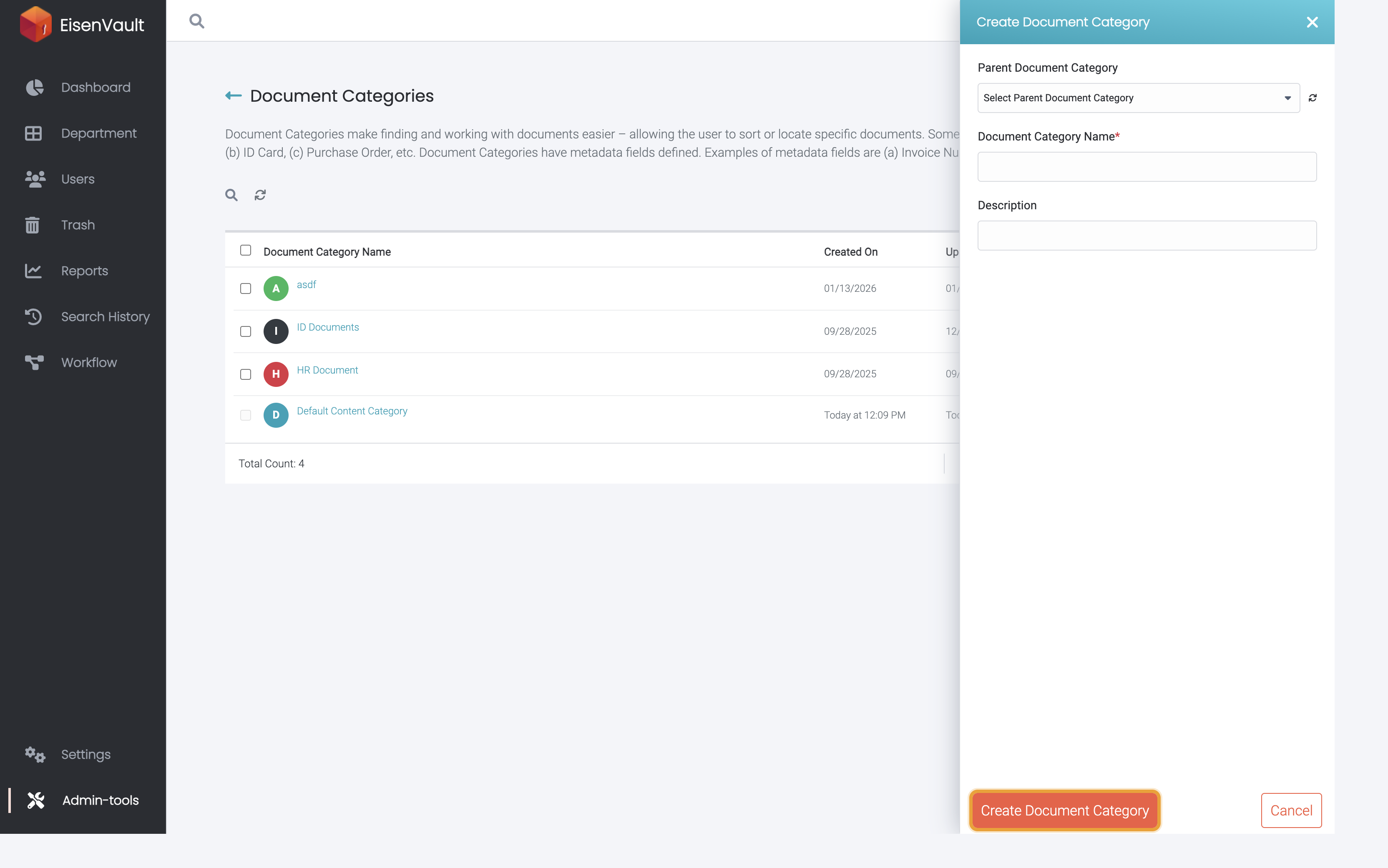 Create Document Category drawer