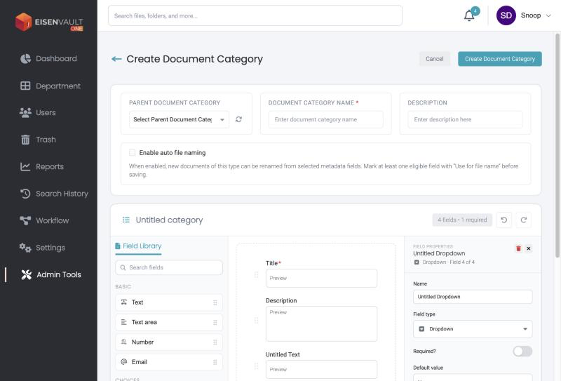 Create Document Category page with parent, name, and description fields