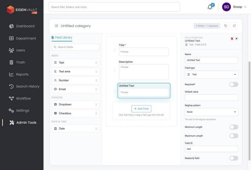 Form builder with a new Text field and its properties