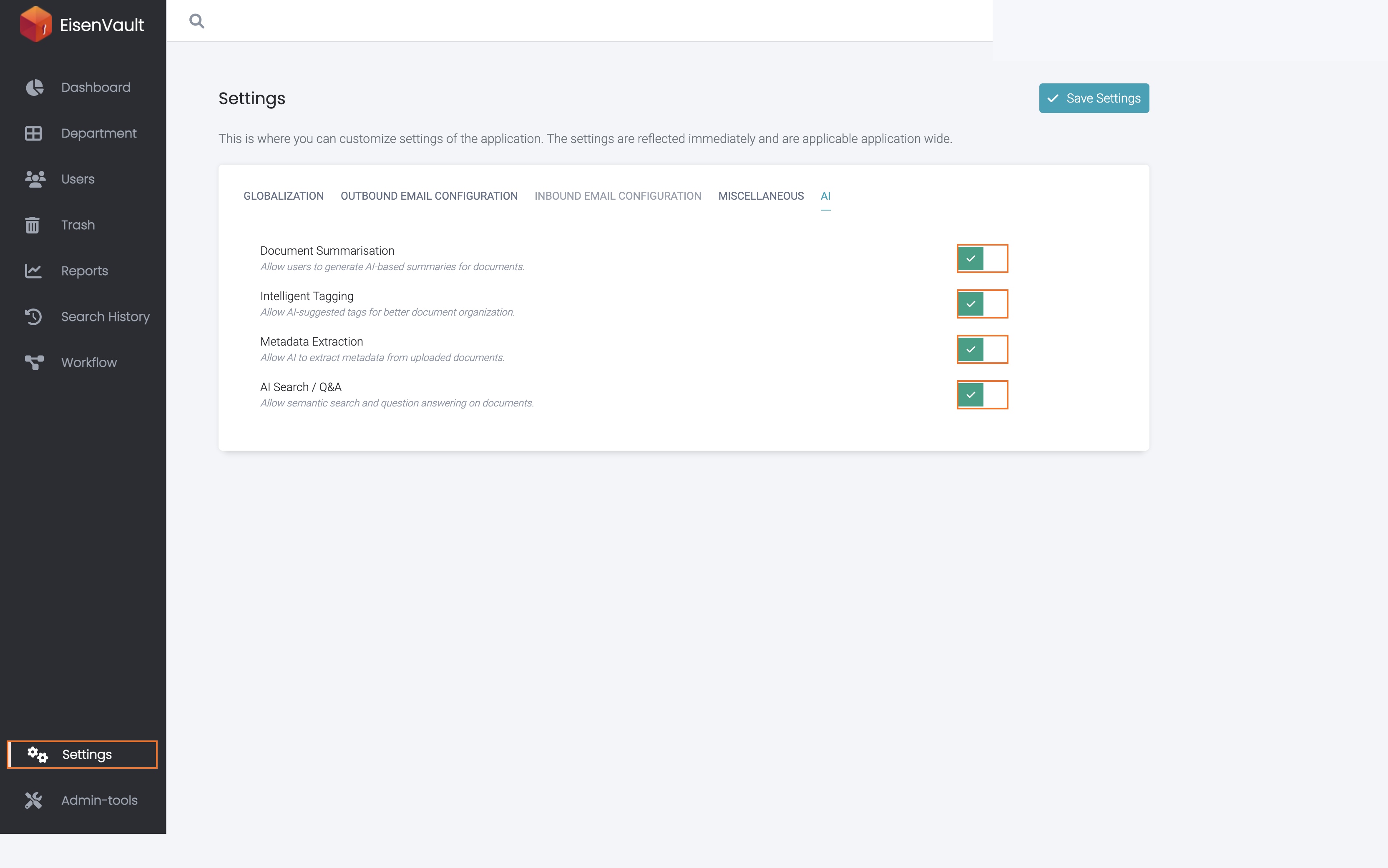 AI settings with feature switches highlighted