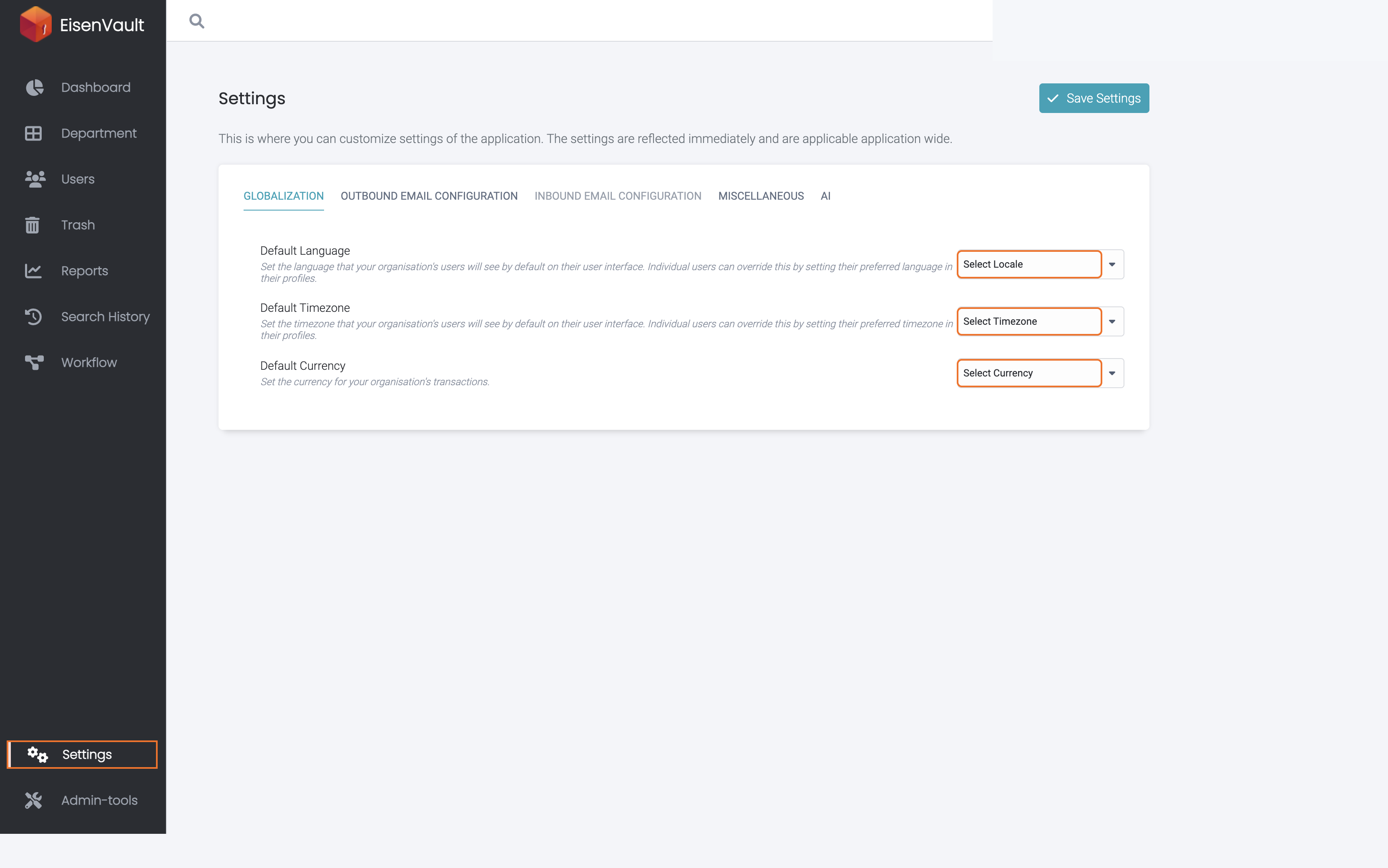 Globalization settings with default language, timezone, and currency dropdowns highlighted