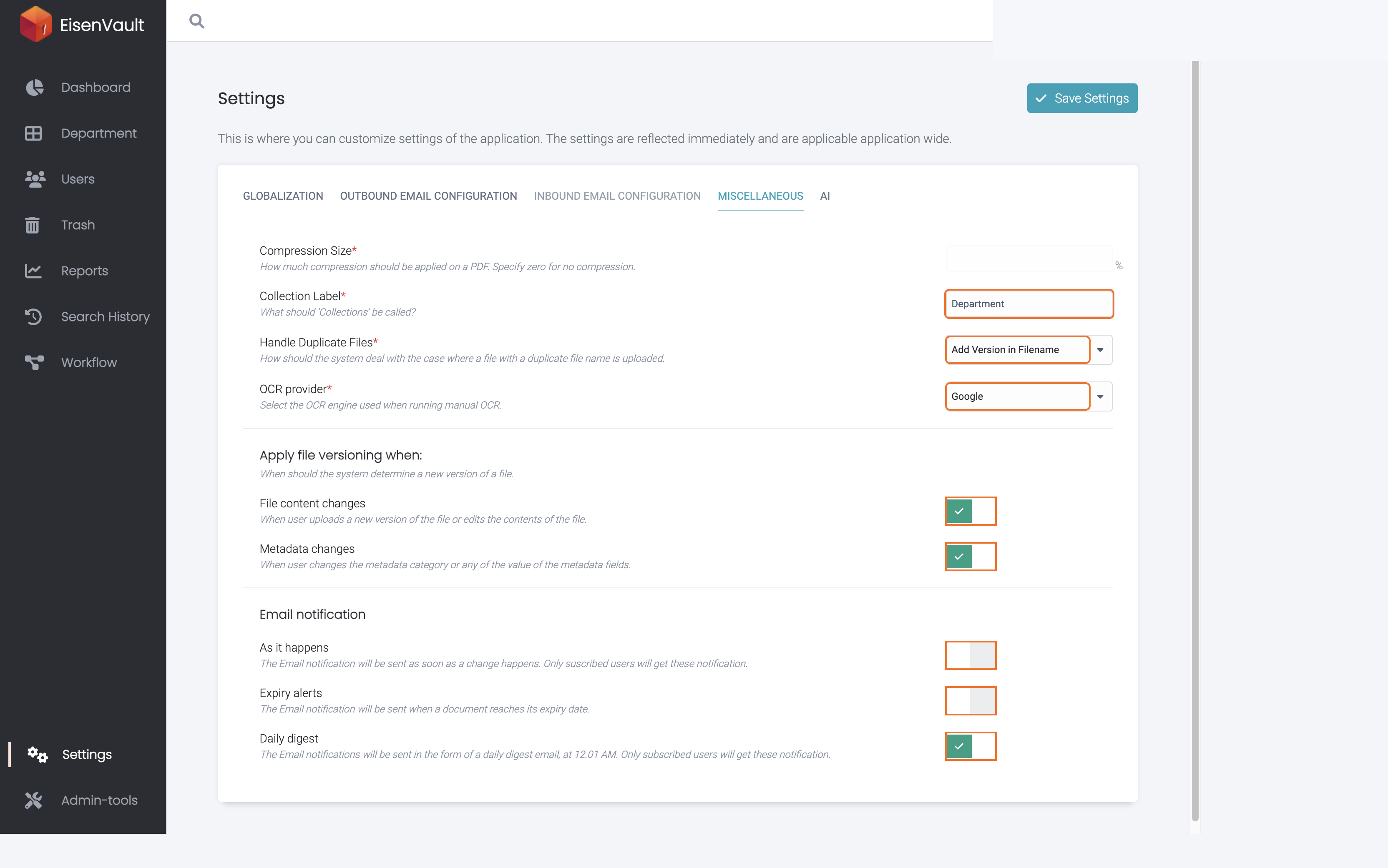 Miscellaneous settings with collection label, duplicate handling, OCR provider, versioning, and email notification controls highlighted