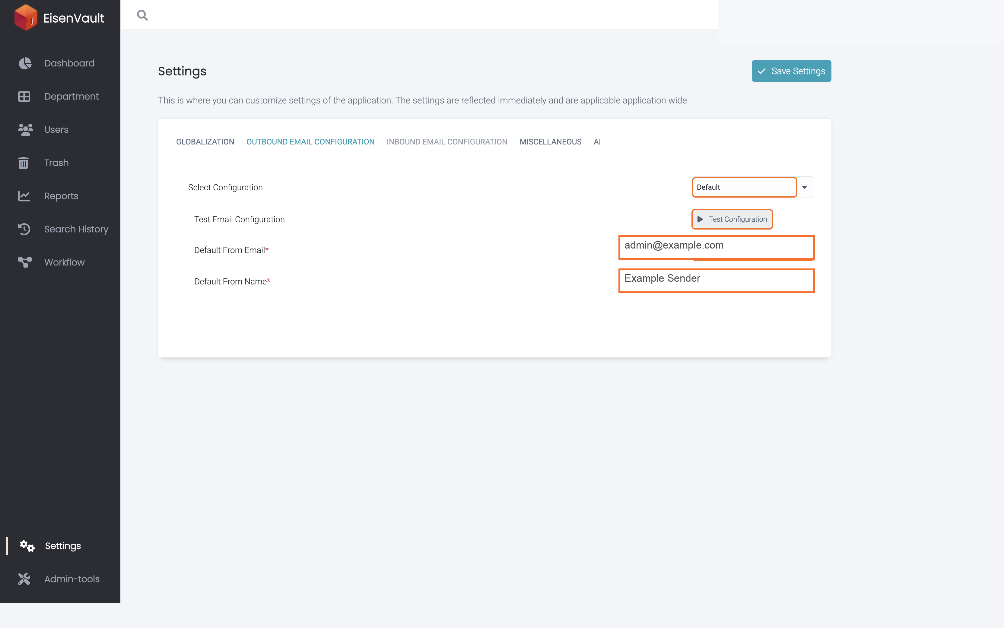 Outbound email settings with configuration, test, sender email, and sender name controls highlighted
