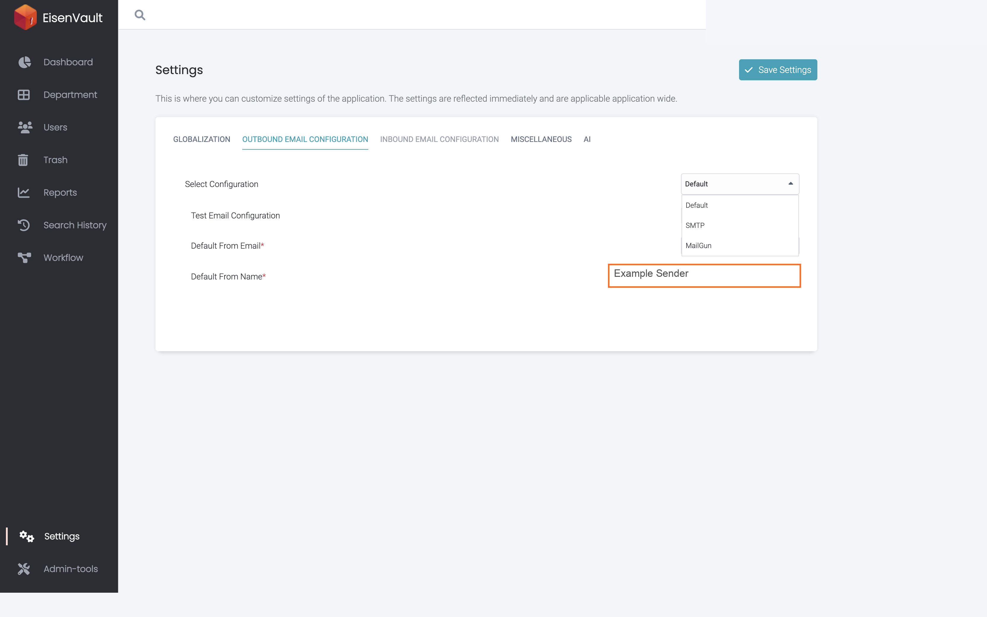 Outbound email configuration dropdown showing Default, SMTP, and MailGun options