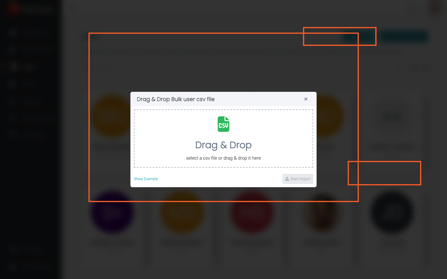 Bulk user import dialog with upload area highlighted