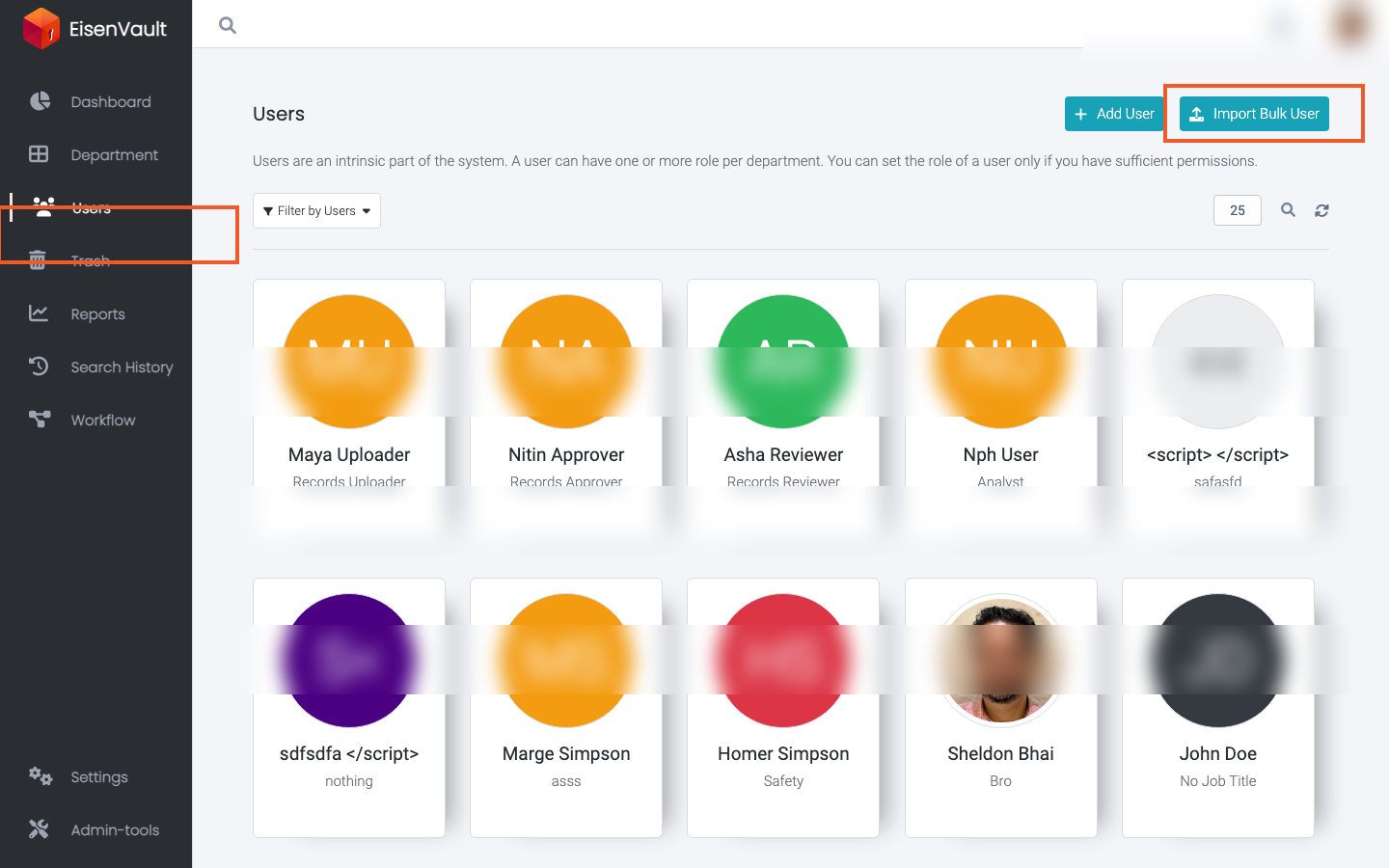 Users page in the admin area