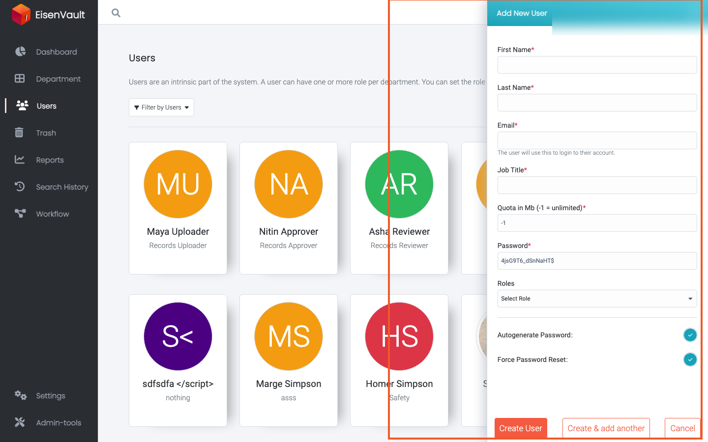 Add New User panel opened from the Users page
