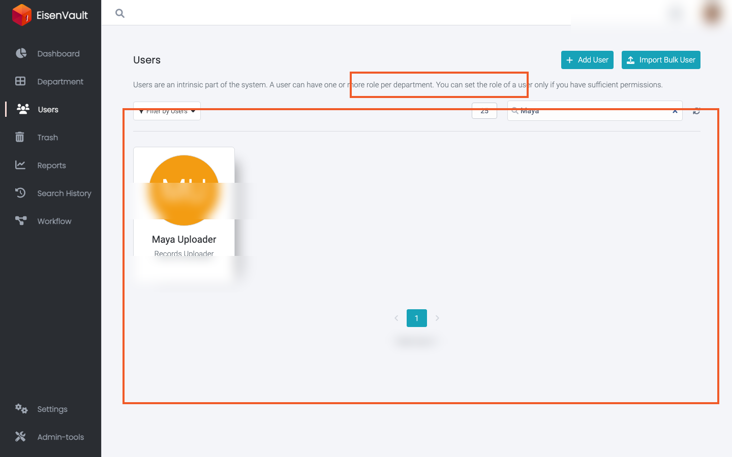 Users page with search field and filtered results highlighted