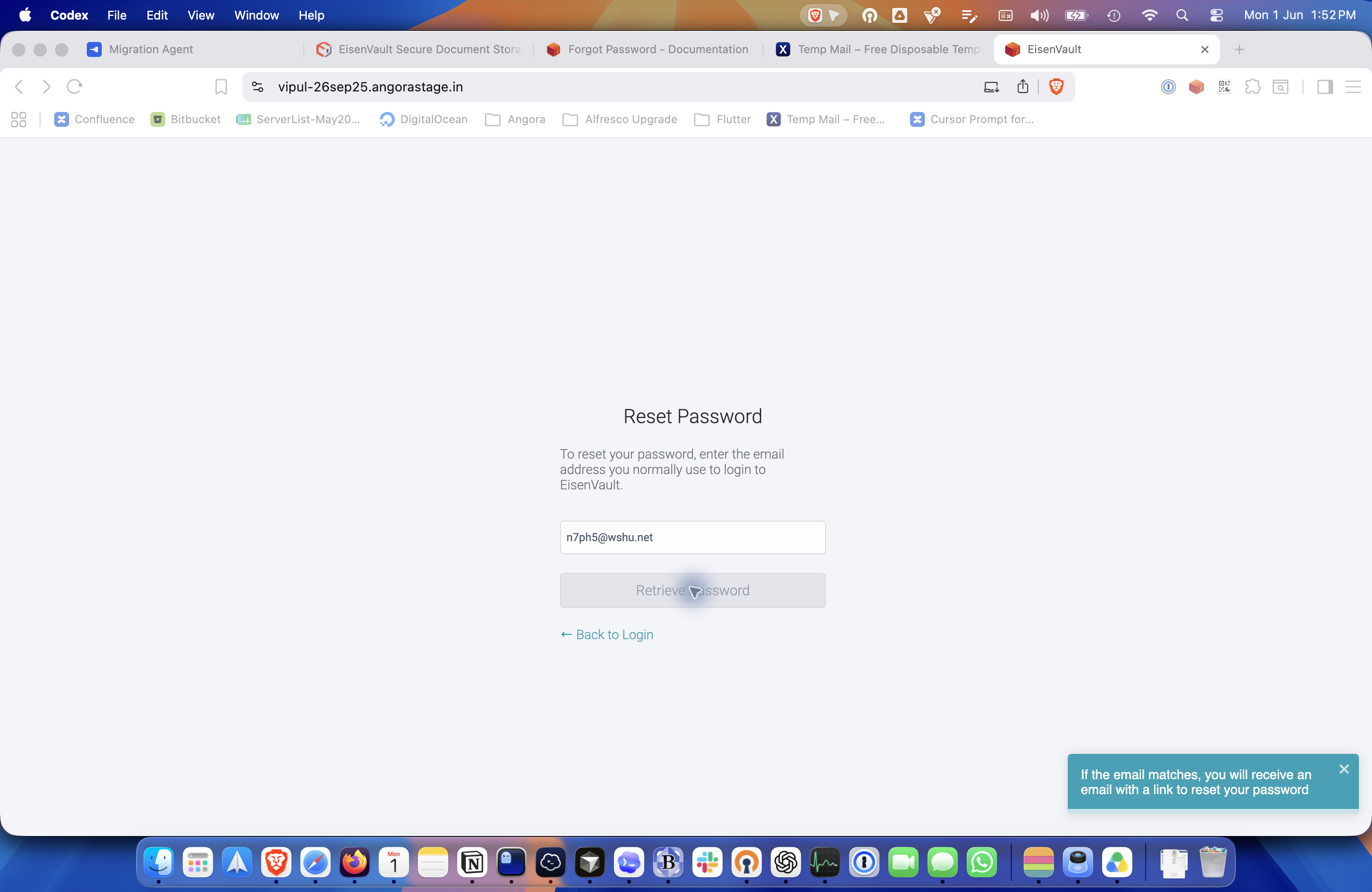 Reset password request confirmation message