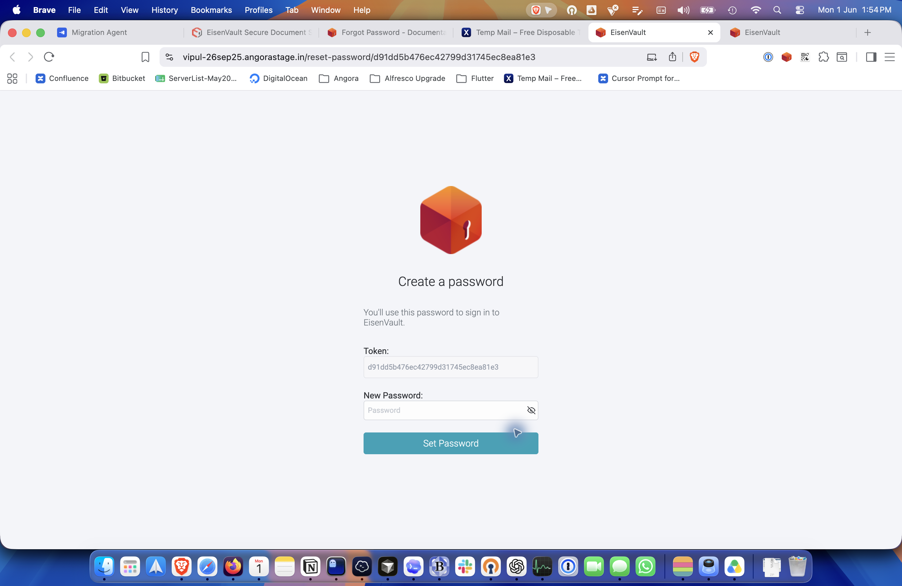 Create new password page reached from the reset email link