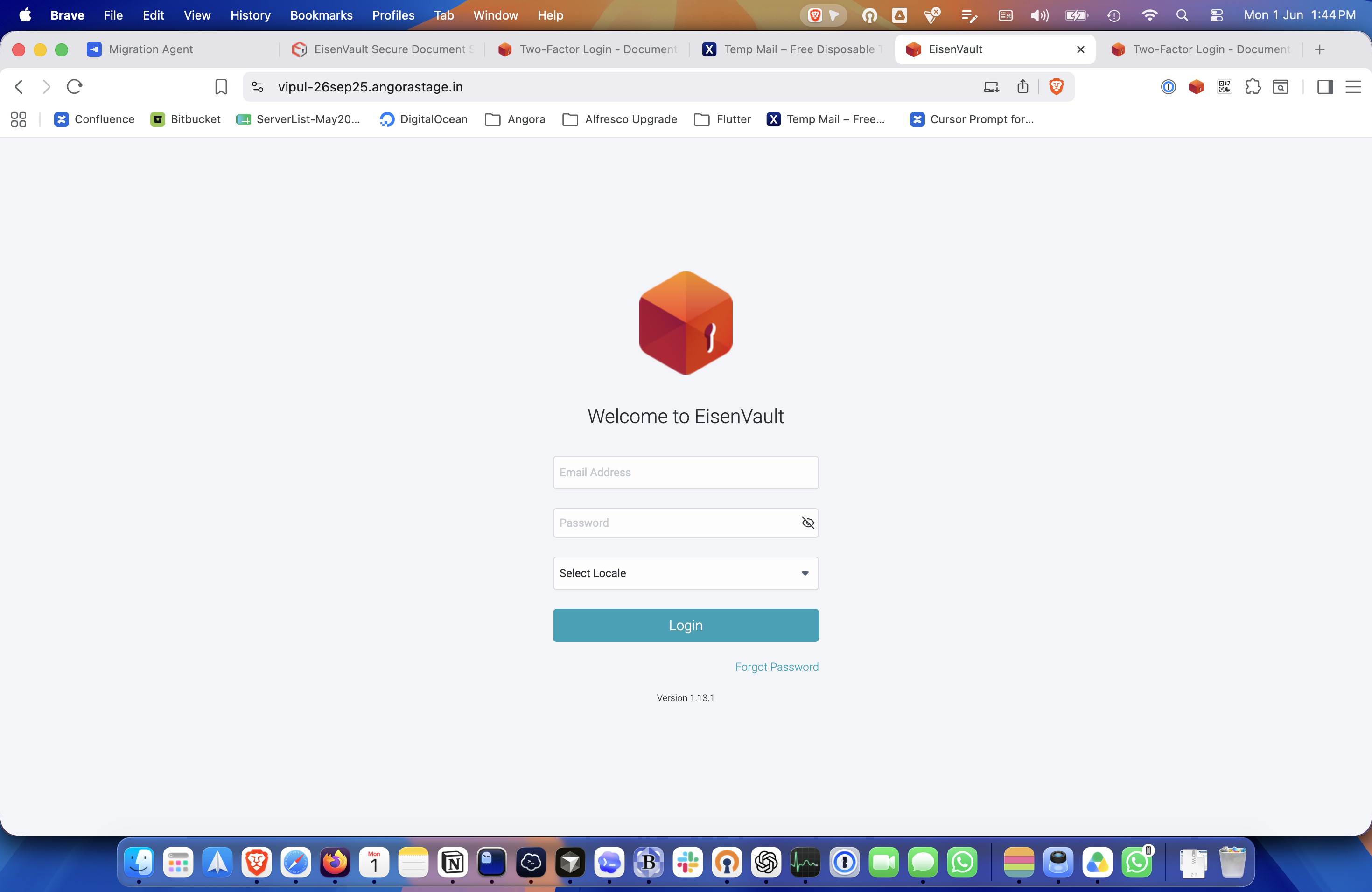 EisenVault One login page before two-factor login