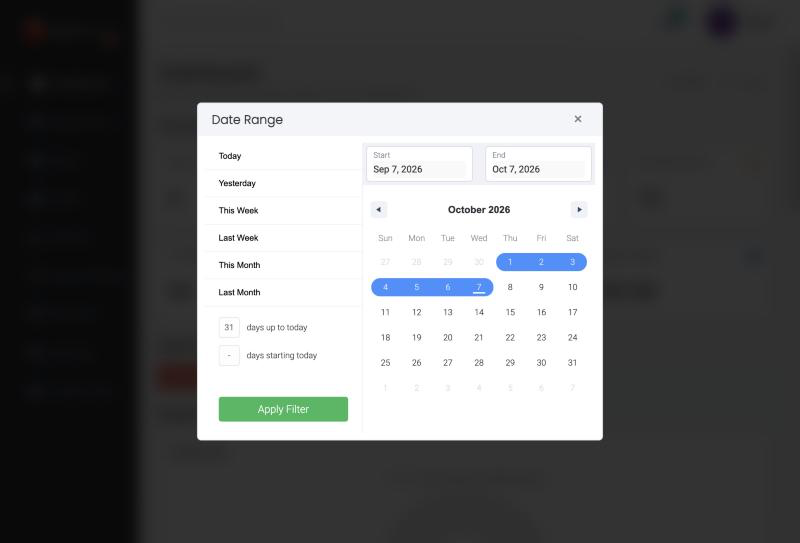 Date Range dialog with presets, Start and End fields, and calendar