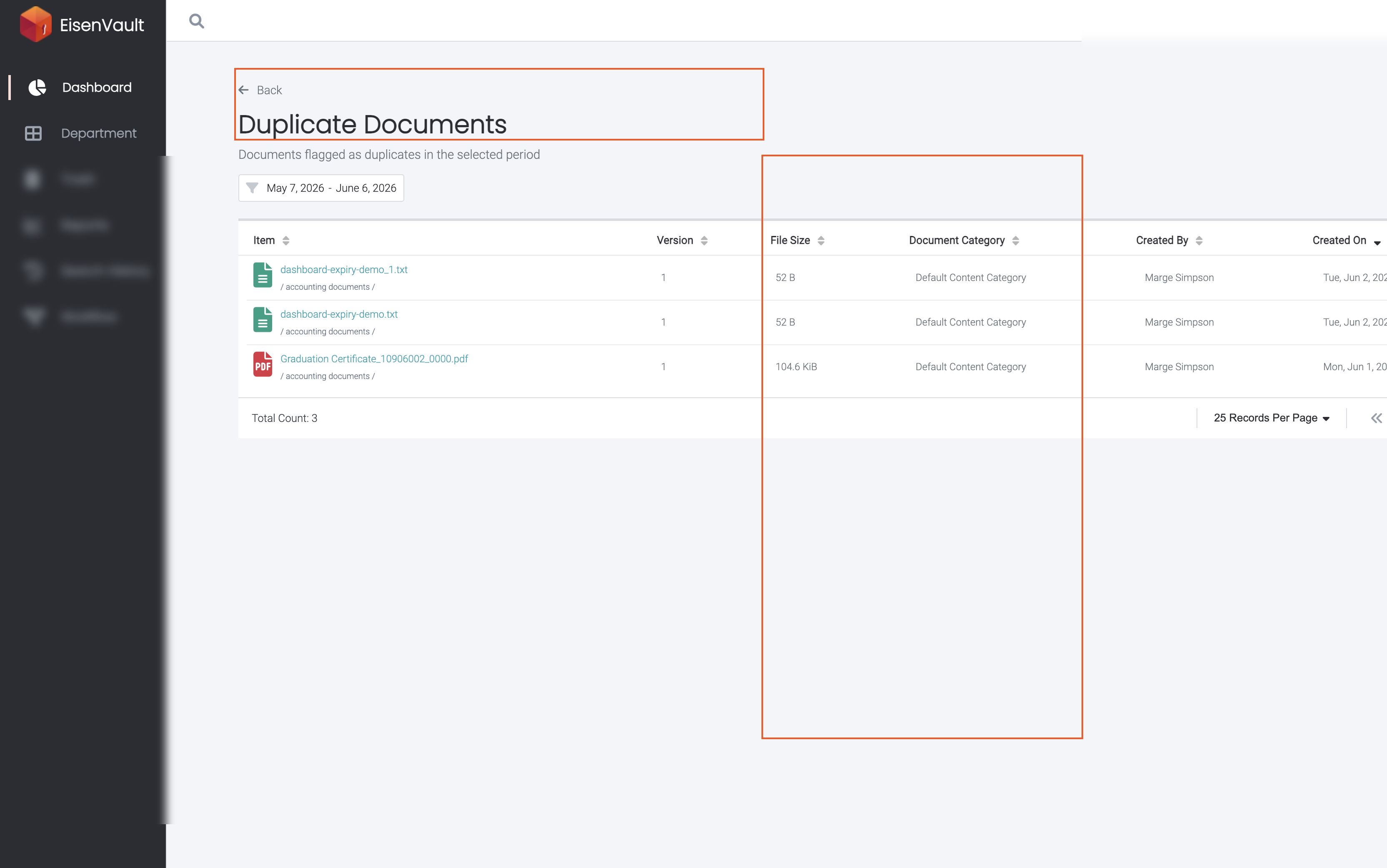 Duplicate Documents list page