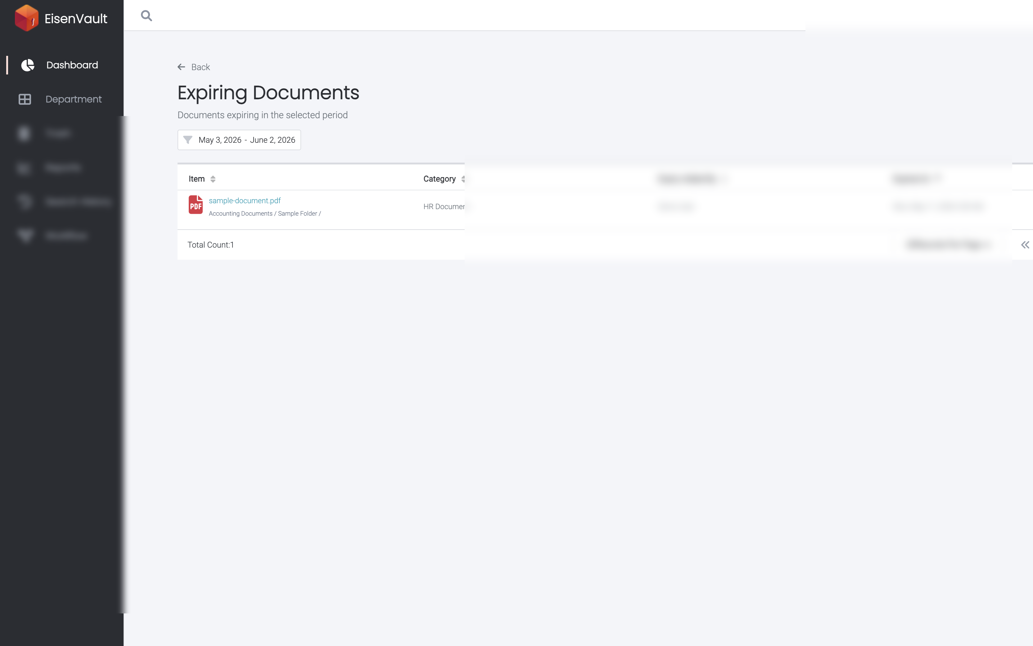 Expiring Documents list with at least one result