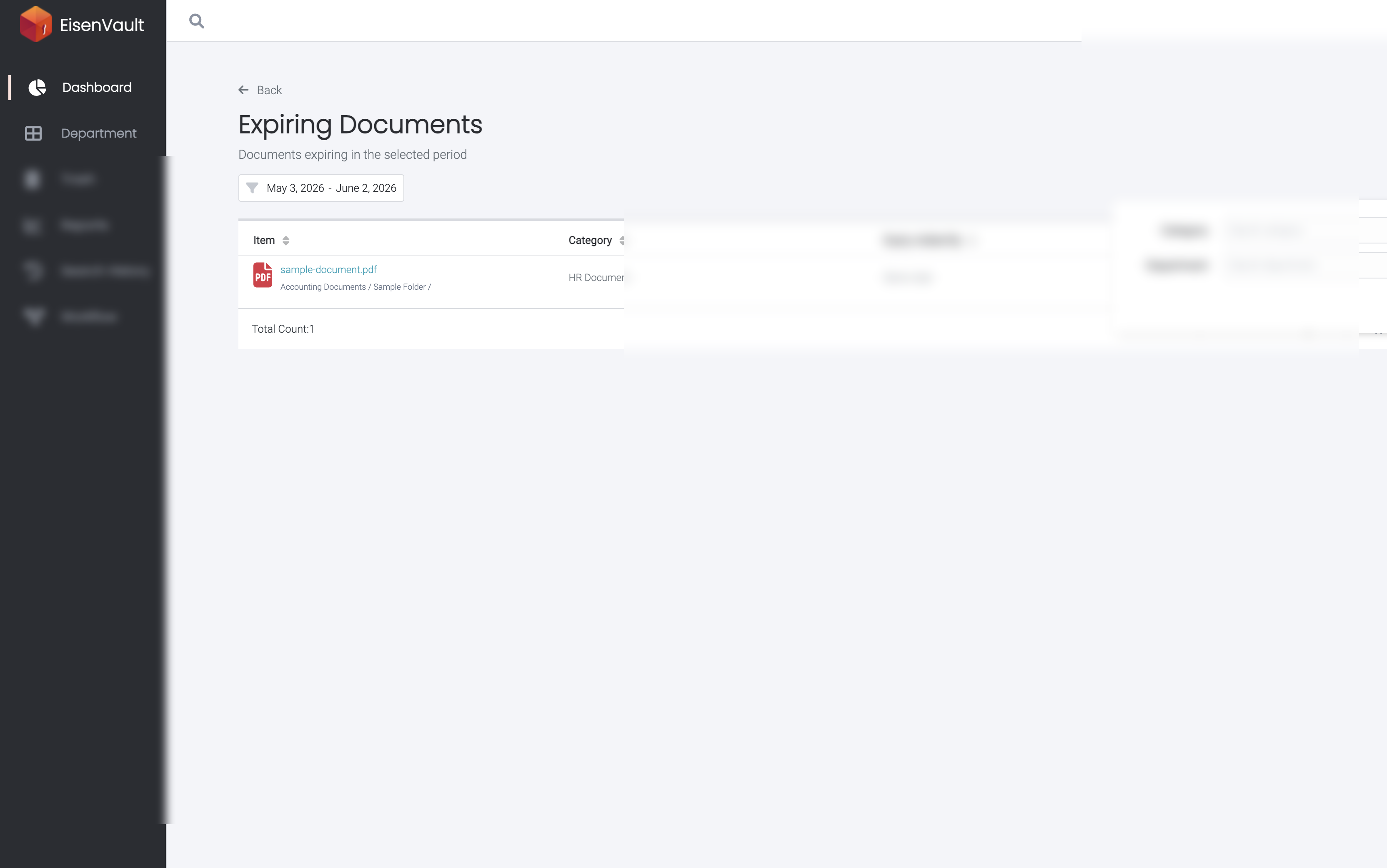 Filters panel on the Expiring Documents page