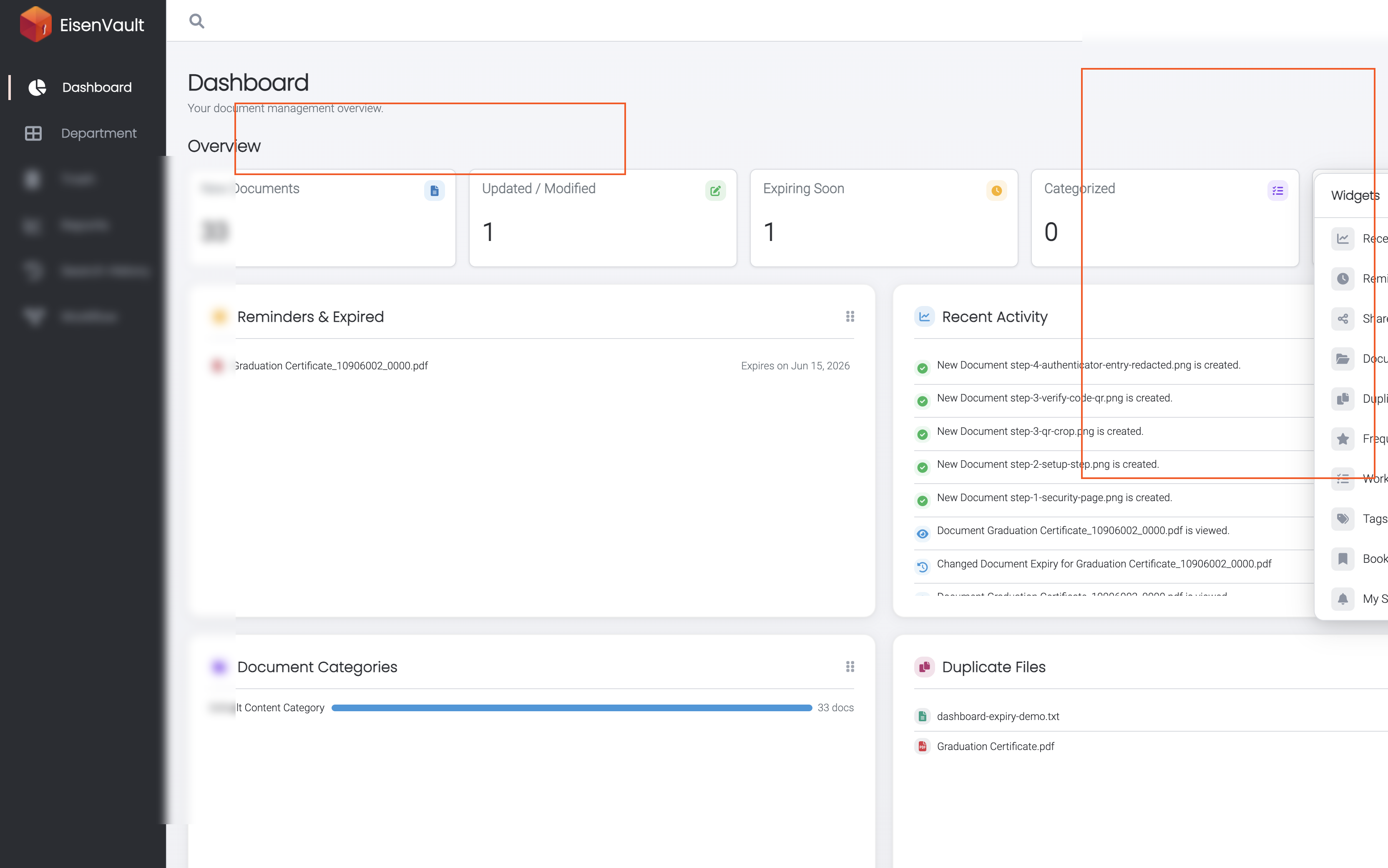 Manage Widgets menu with visibility toggles