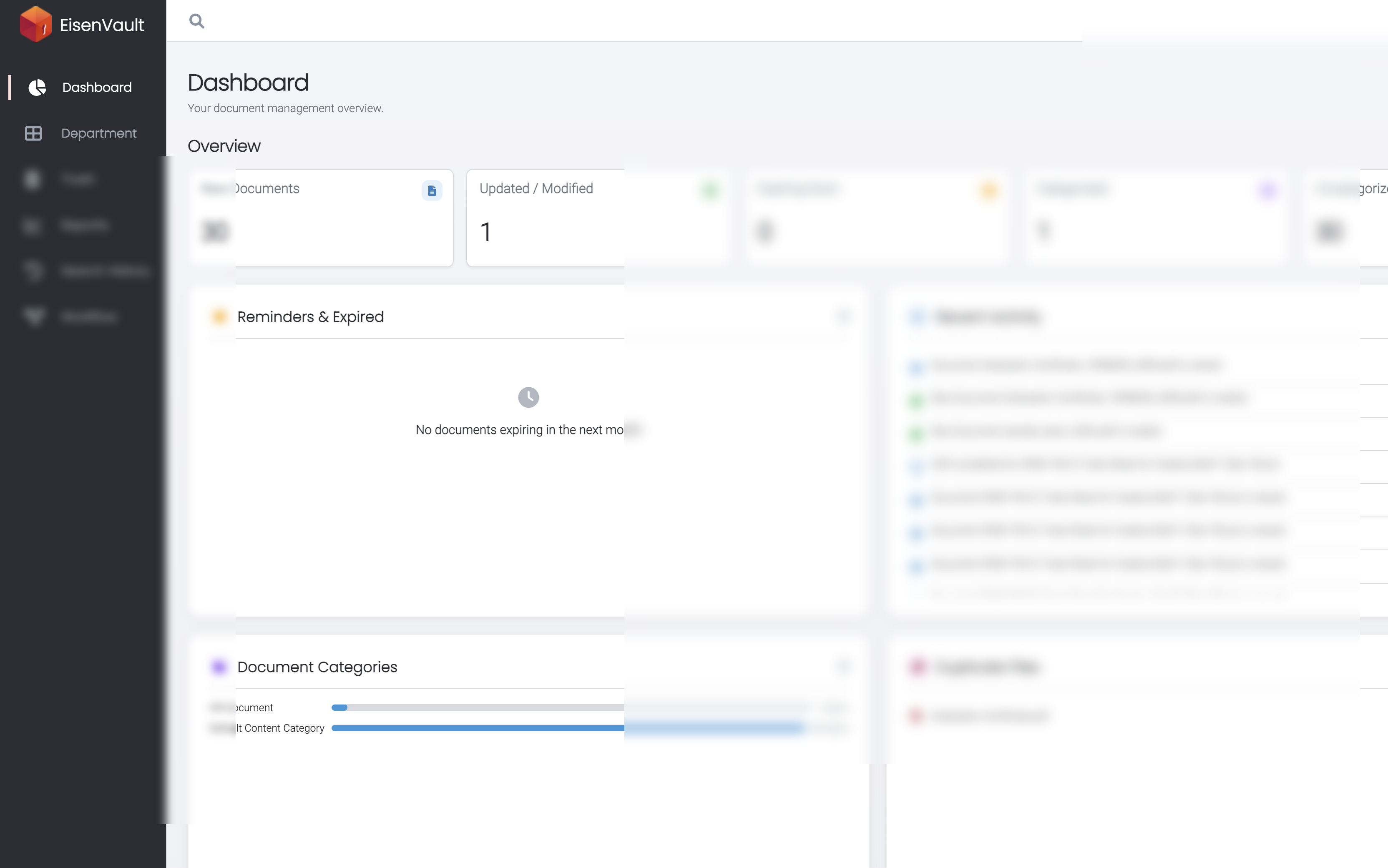 Dashboard with New Documents overview card showing a populated count