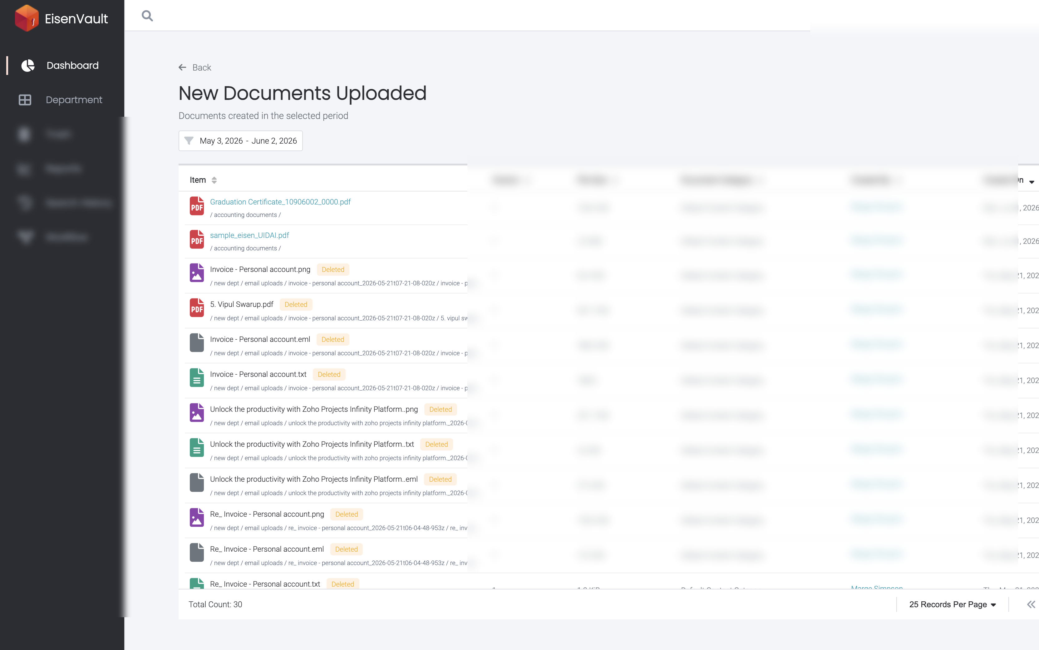 New Documents Uploaded page with results in the selected period