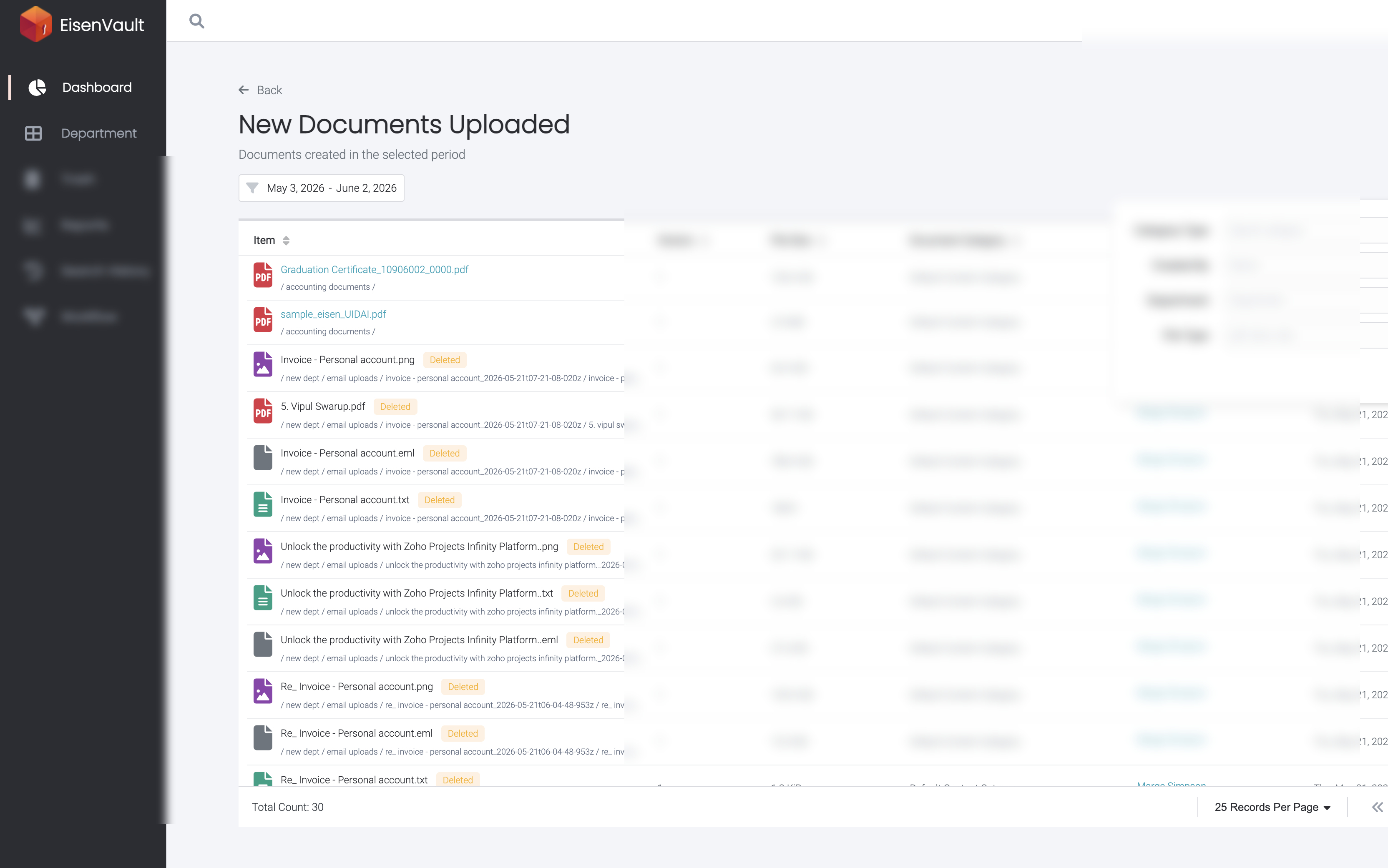 Filters panel on the New Documents Uploaded page
