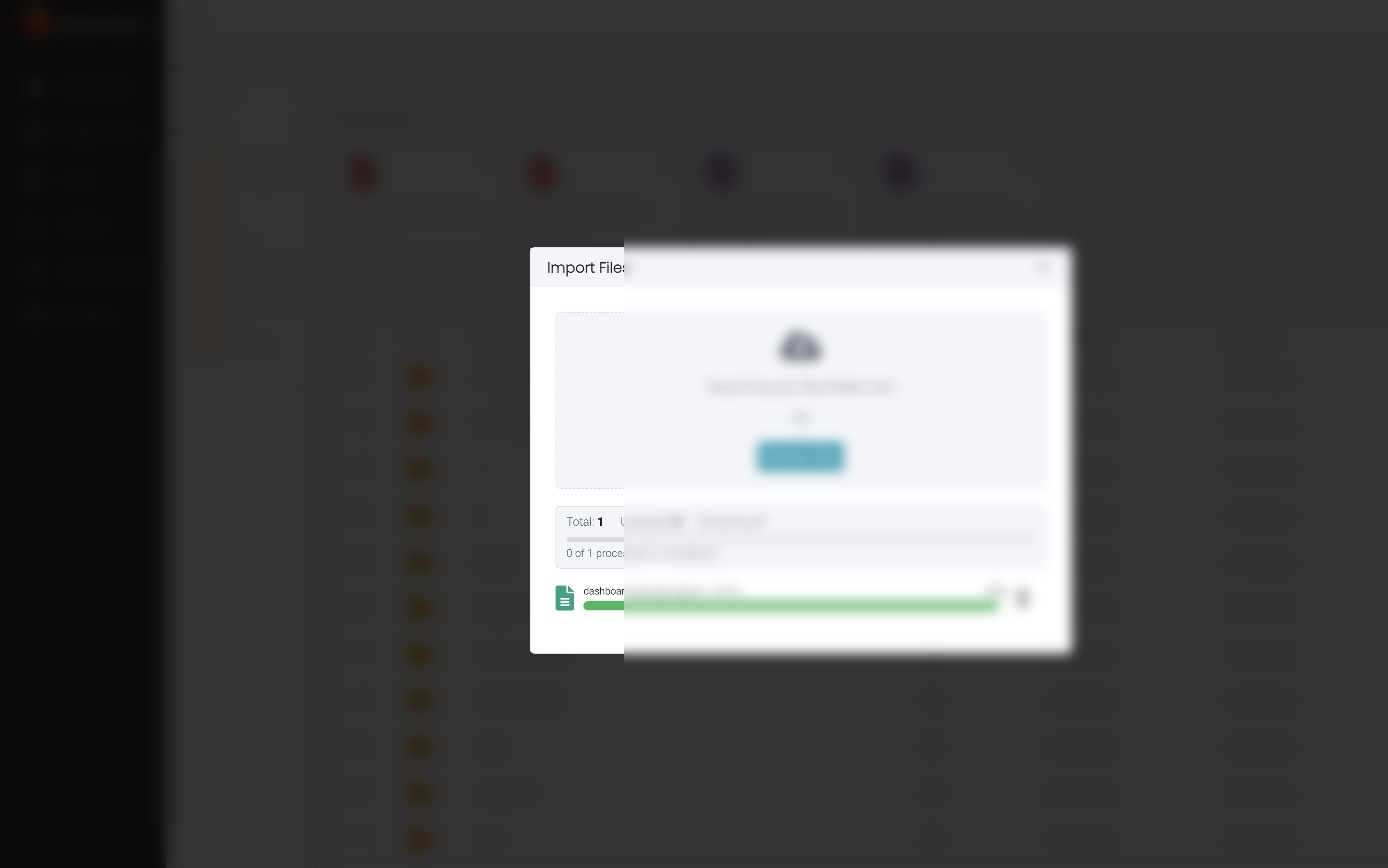 Import Files window with upload complete