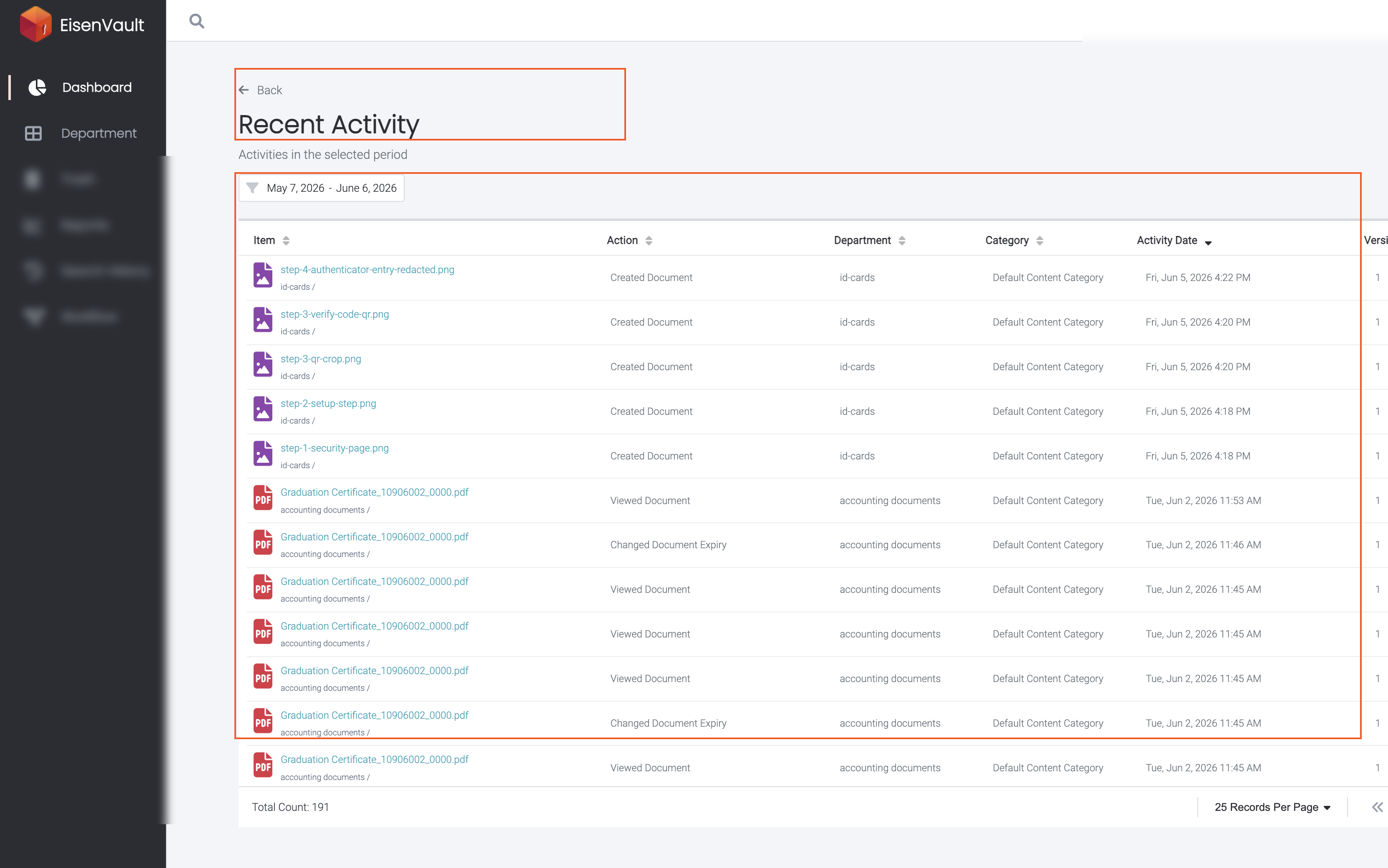 Recent Activity list page