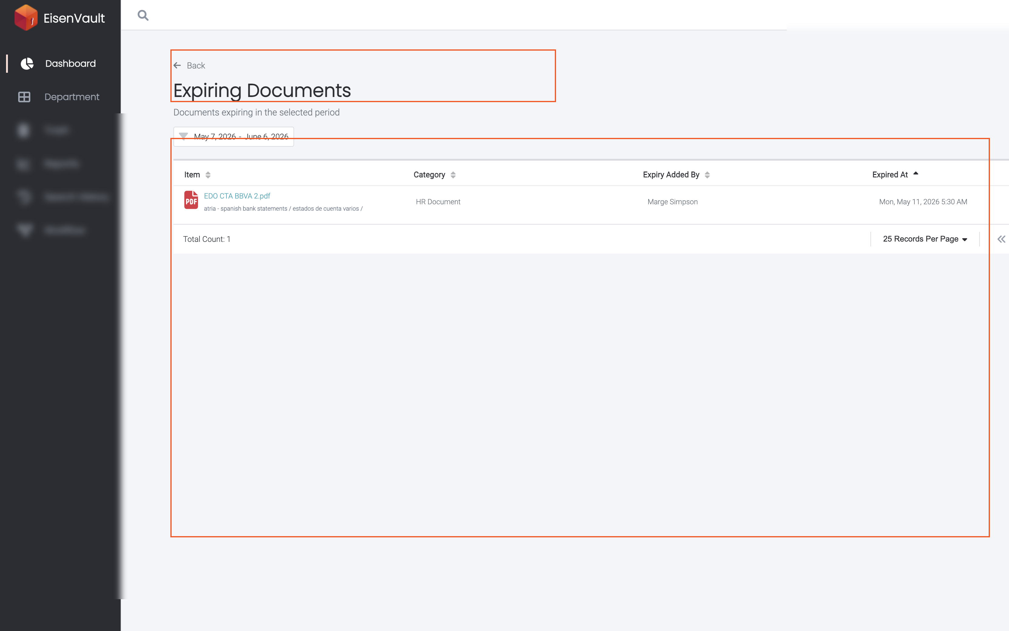 Expiring Documents list page