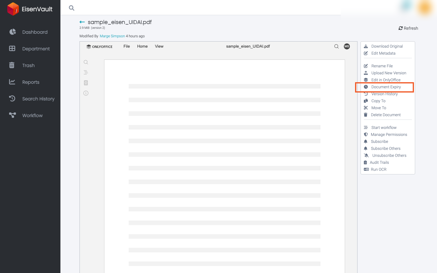 Preview page with Document Expiry in the actions panel