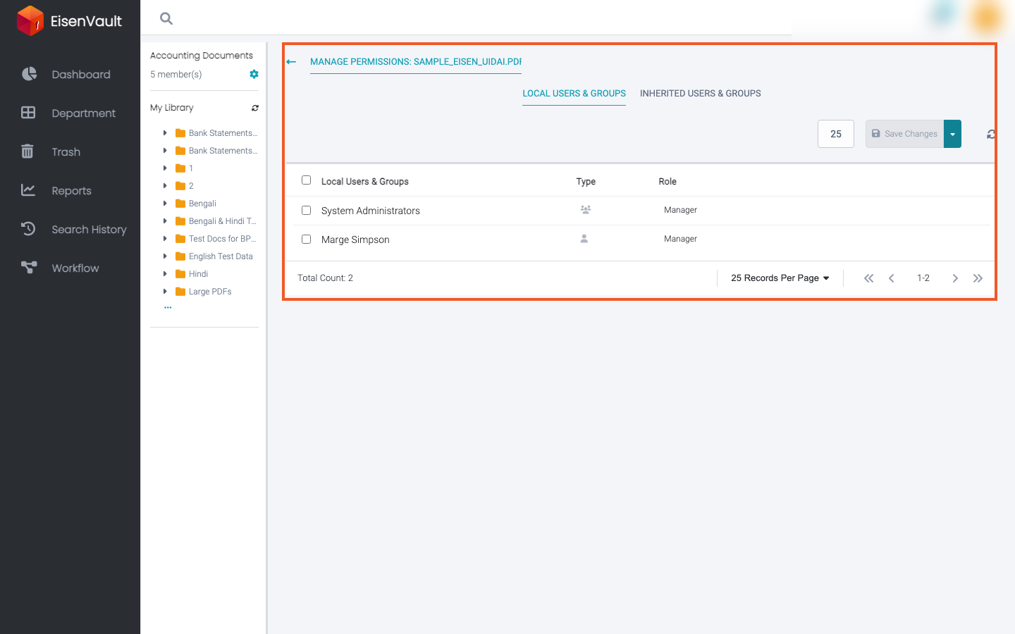 Manage Permissions page for a document